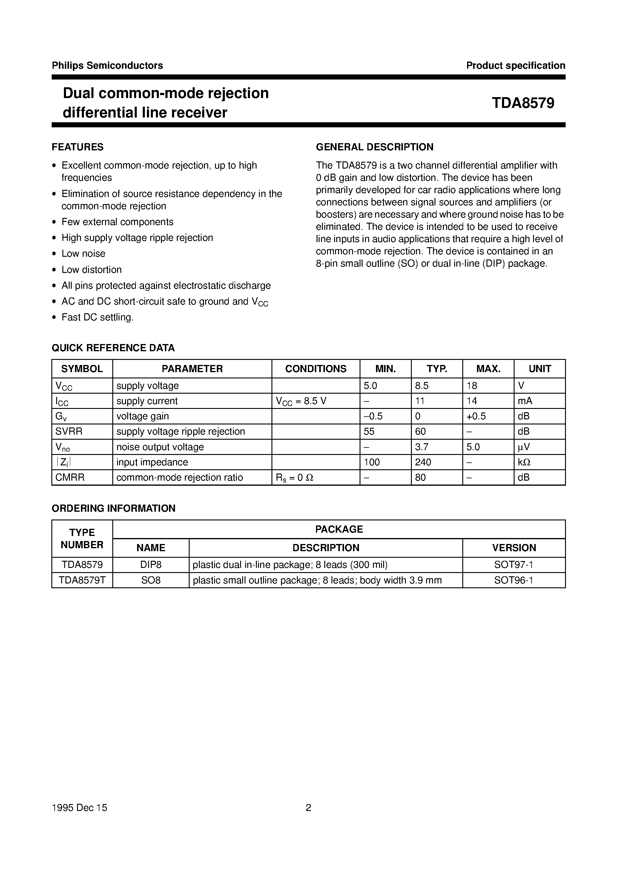 Даташит TDA8579T - Dual common-mode rejection differential line receiver страница 2