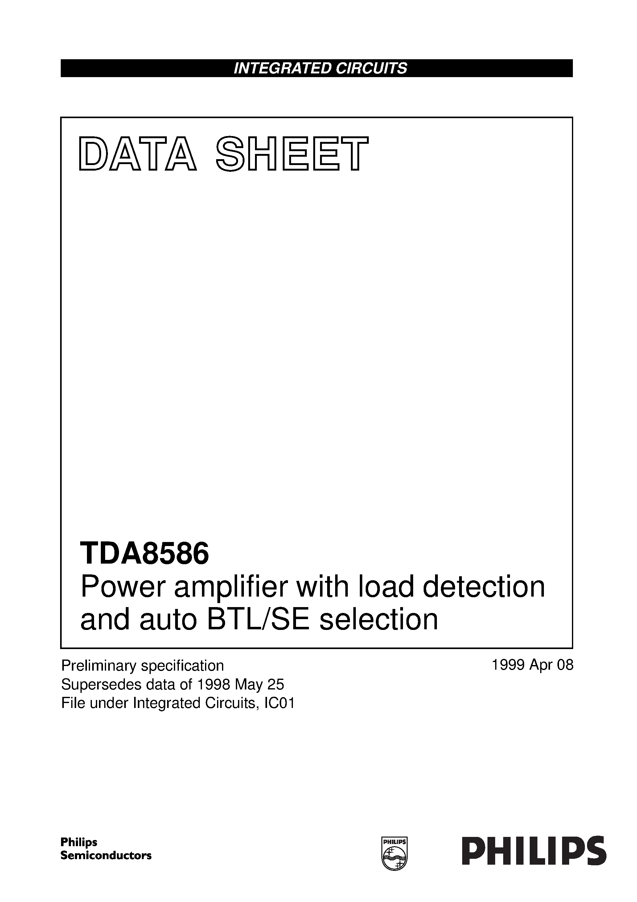 Даташит TDA8586 - Power amplifier with load detection and auto BTL/SE selection страница 1