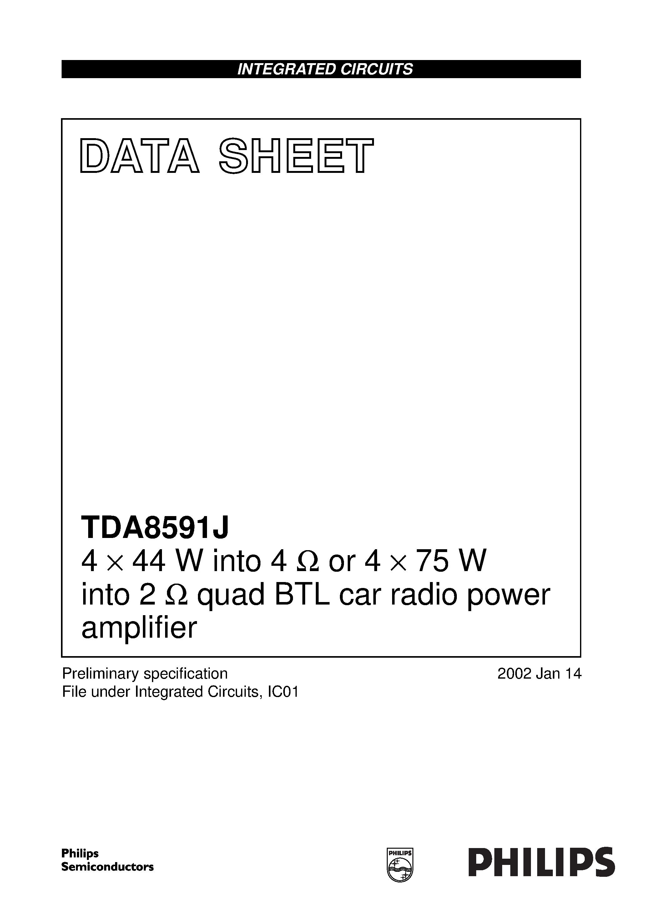 Даташит TDA8591J - 4 X 44 W into 4 or 4 X 75 W into 2 quad BTL car radio power amplifier страница 1