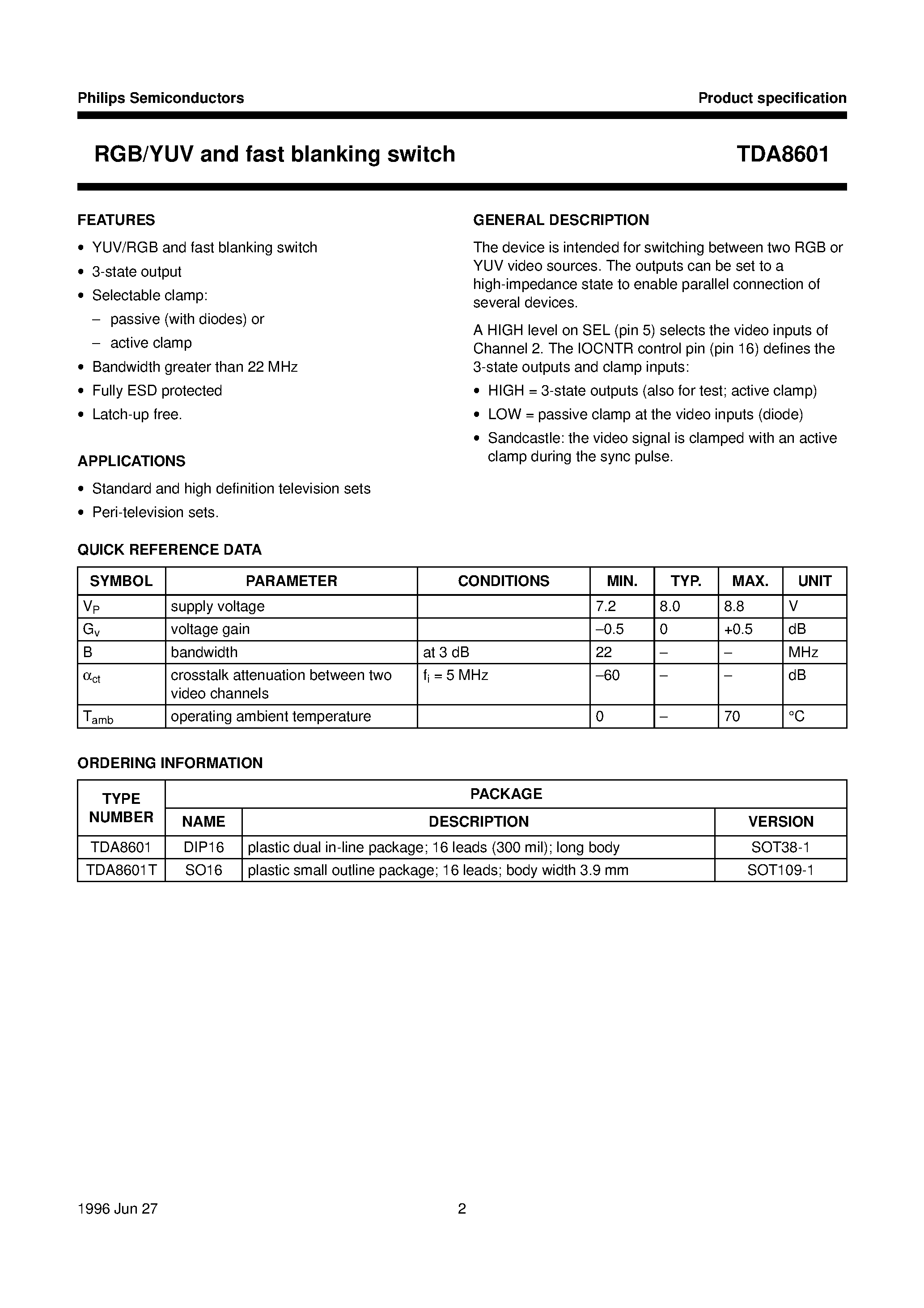 Даташит TDA8601T - RGB/YUV and fast blanking switch страница 2