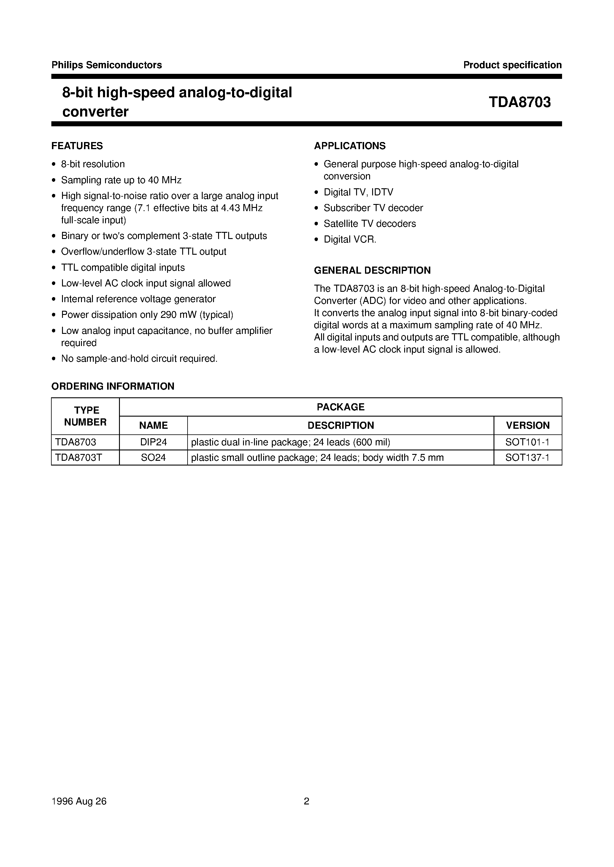 Даташит TDA8703 - 8-bit high-speed analog-to-digital converter страница 2