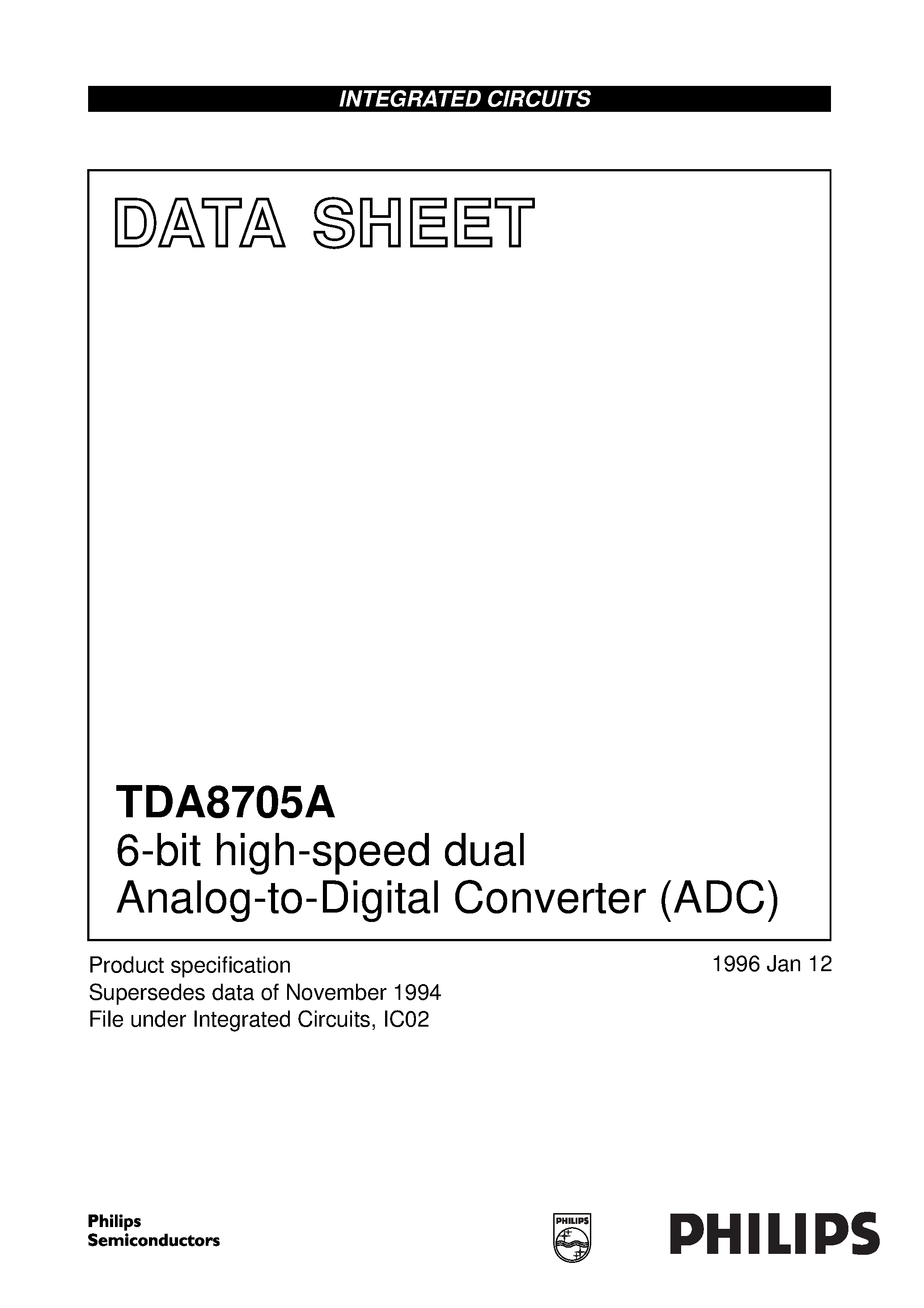 Даташит TDA8705A - 6-bit high-speed dual Analog-to-Digital Converter ADC страница 1