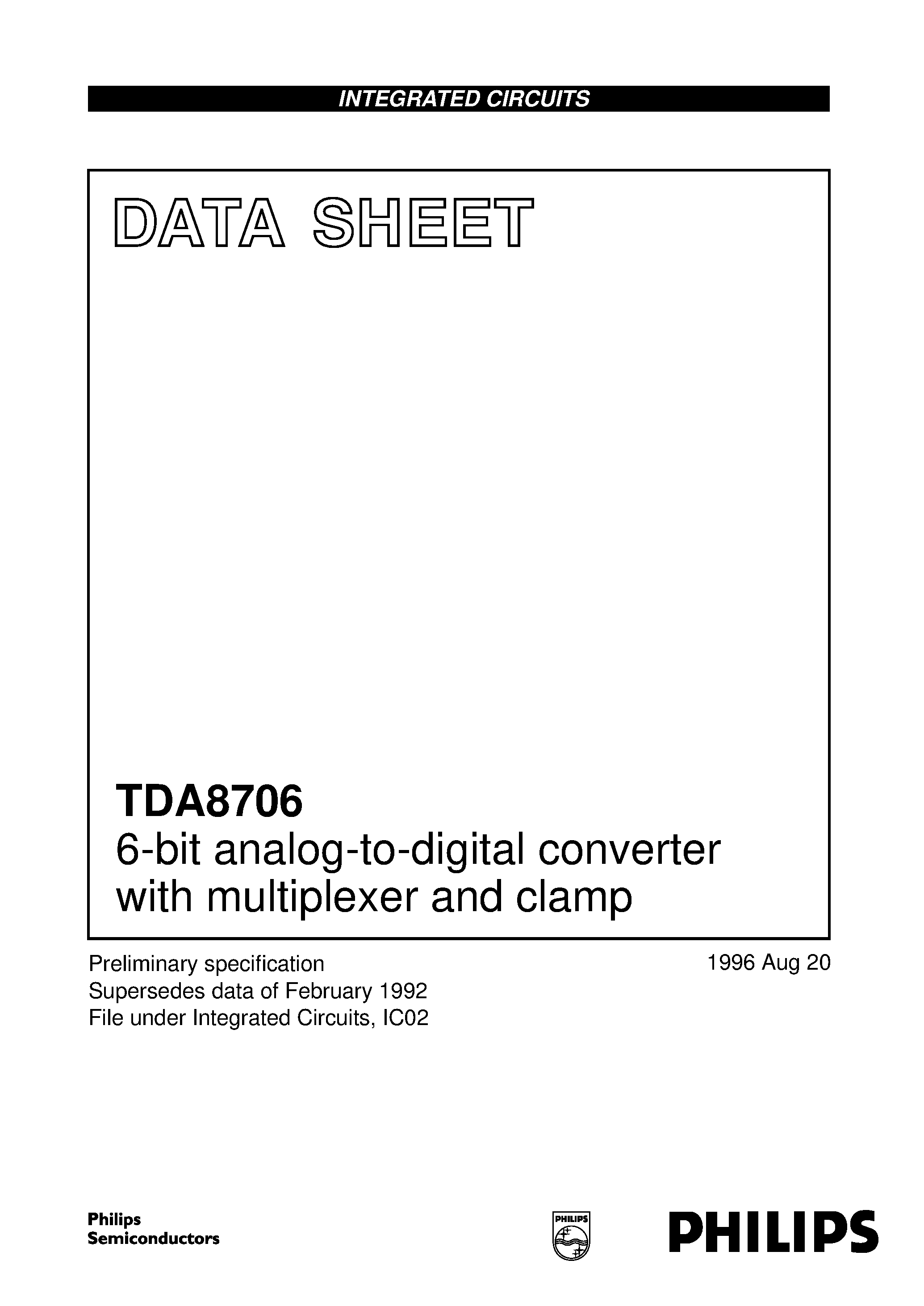 Даташит TDA8706 - 6-bit analog-to-digital converter with multiplexer and clamp страница 1