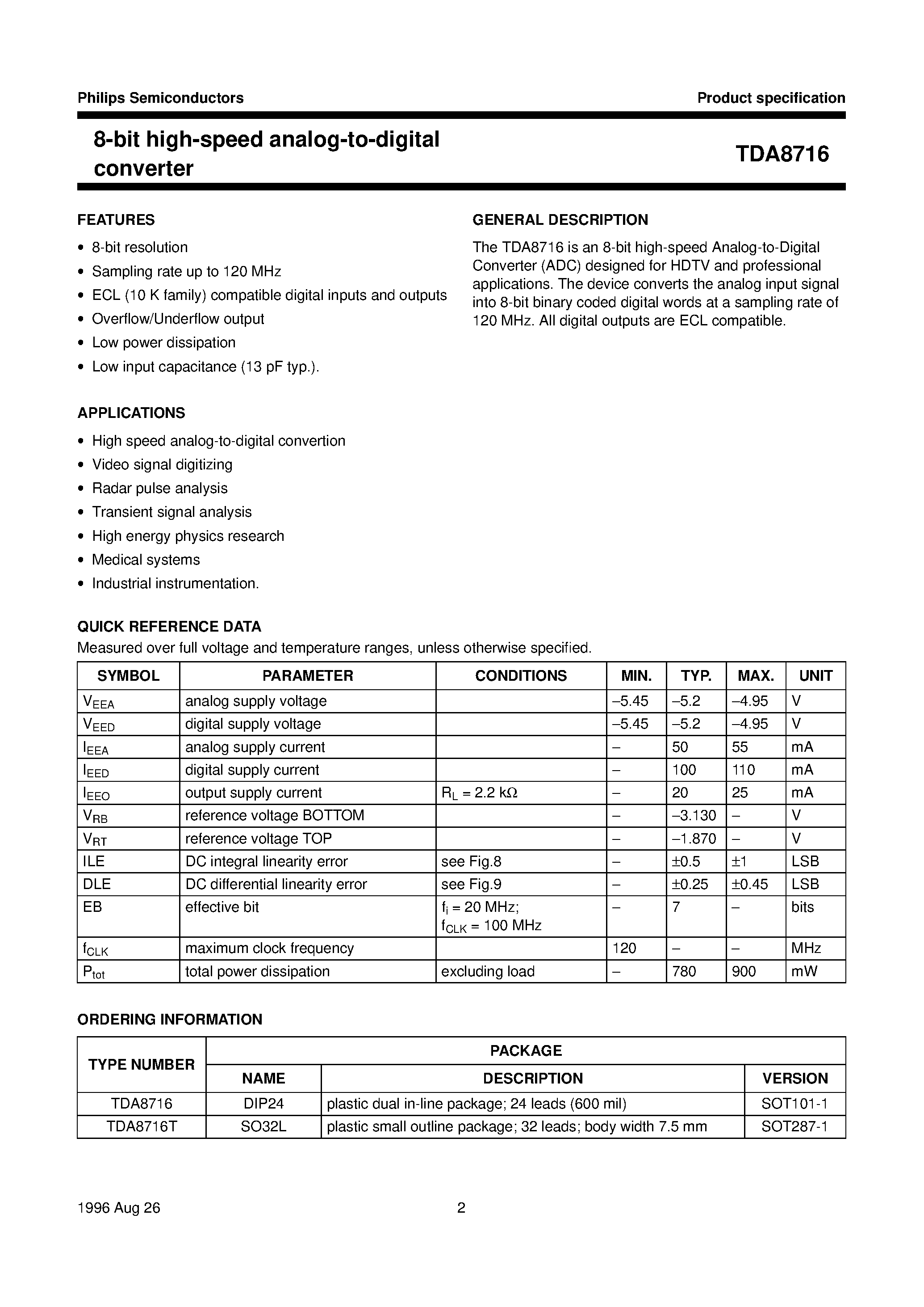 Даташит TDA8716 - 8-bit high-speed analog-to-digital converter страница 2