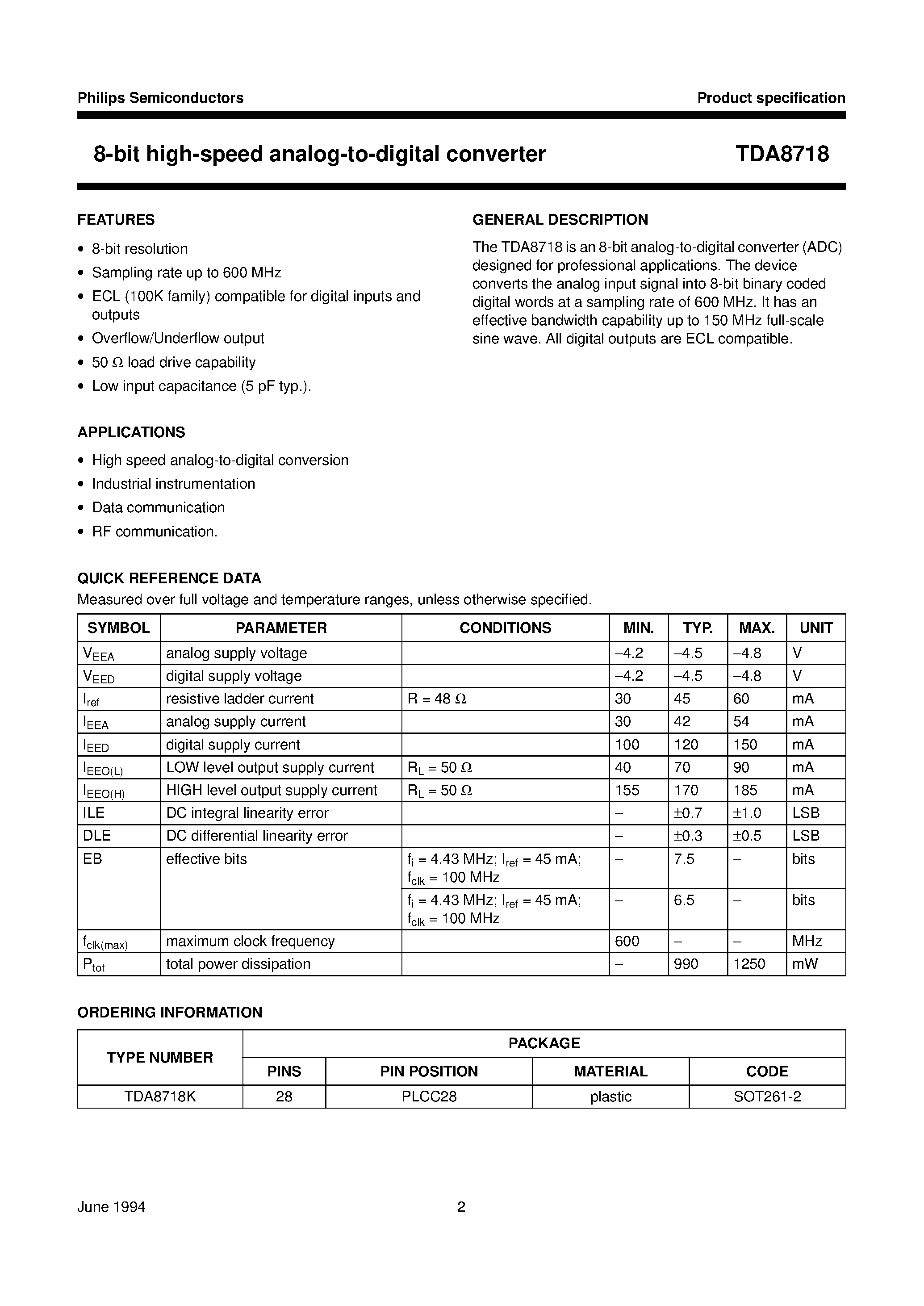 Даташит TDA8718 - 8-bit high-speed analog-to-digital converter страница 2