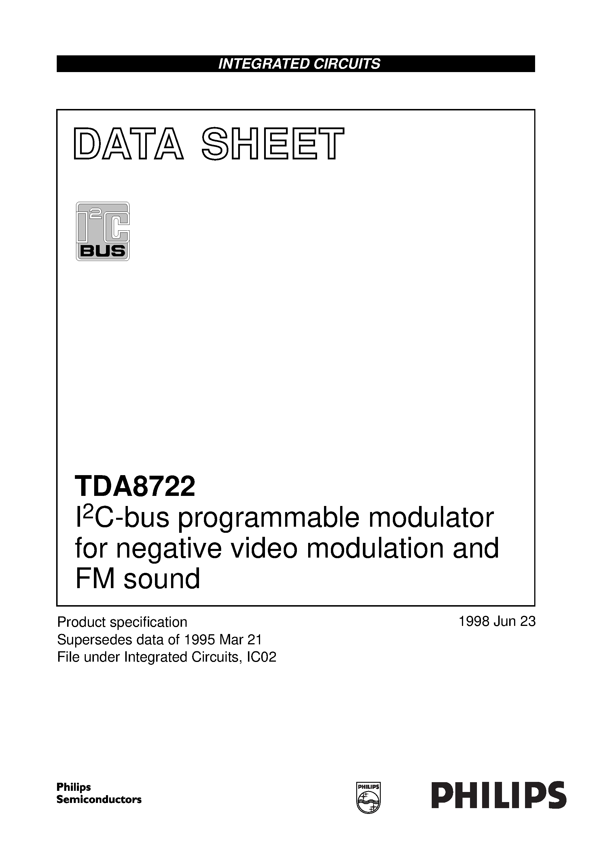 Даташит TDA8722 - I2C-bus programmable modulator for negative video modulation and FM sound страница 1