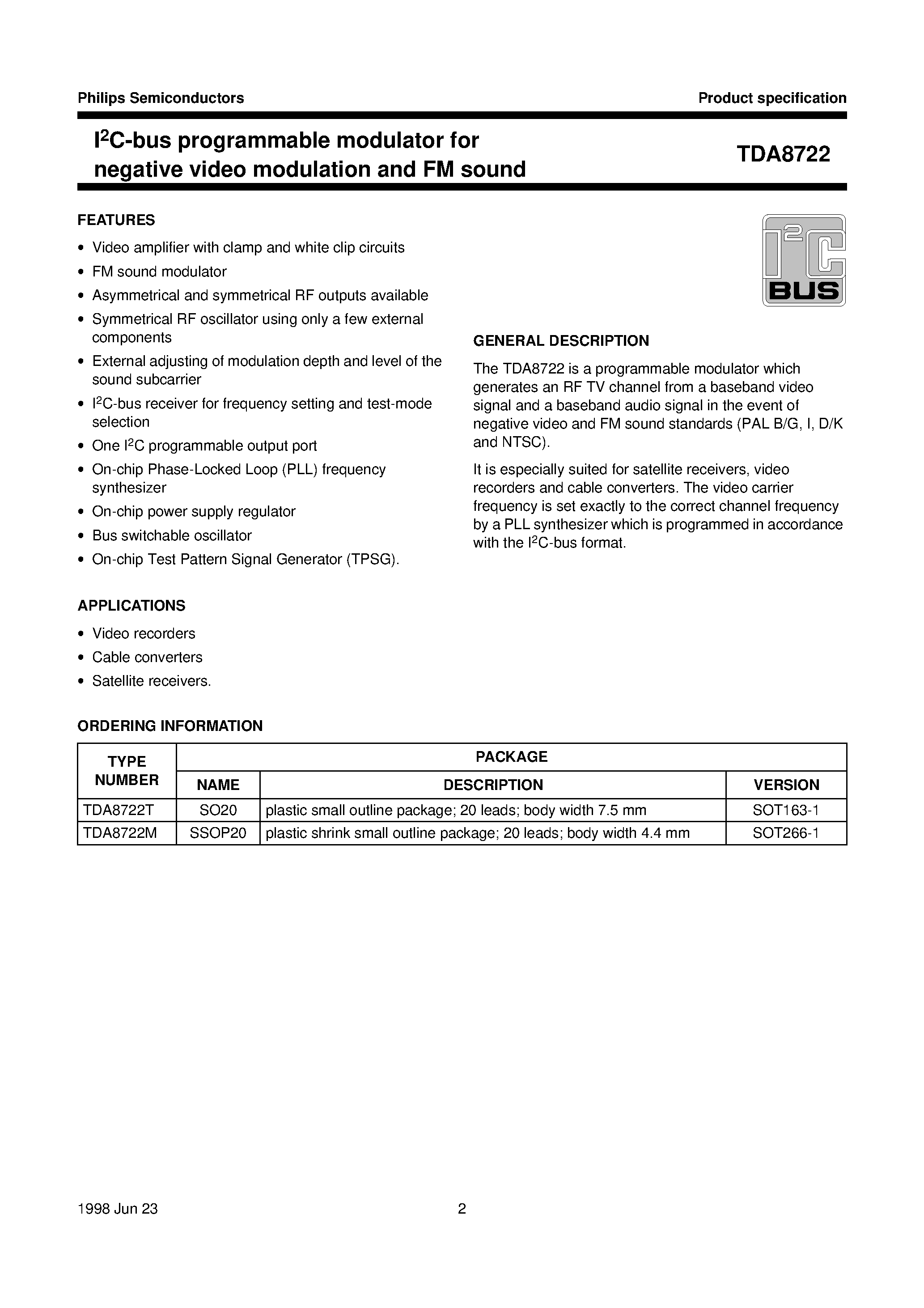 Даташит TDA8722T - I2C-bus programmable modulator for negative video modulation and FM sound страница 2