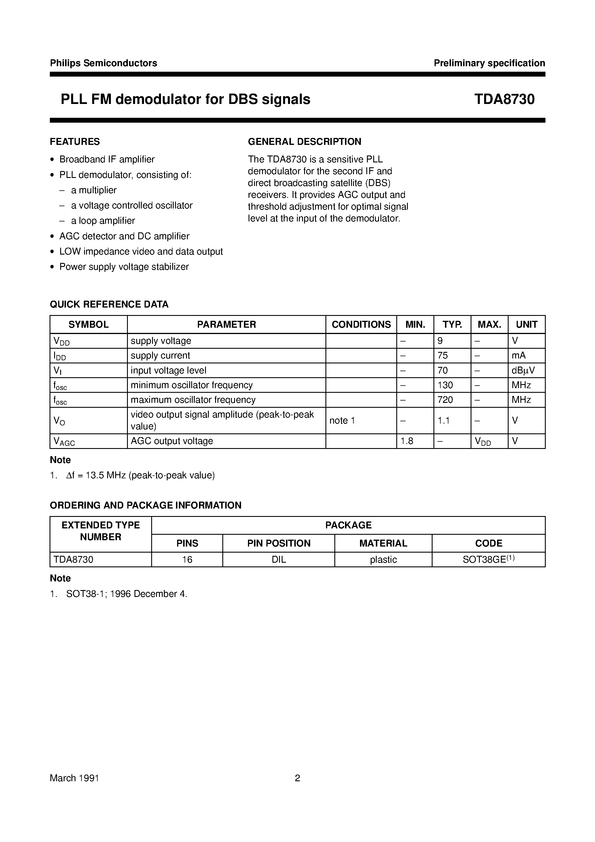 Даташит TDA8730 - PLL FM demodulator for DBS signals страница 2