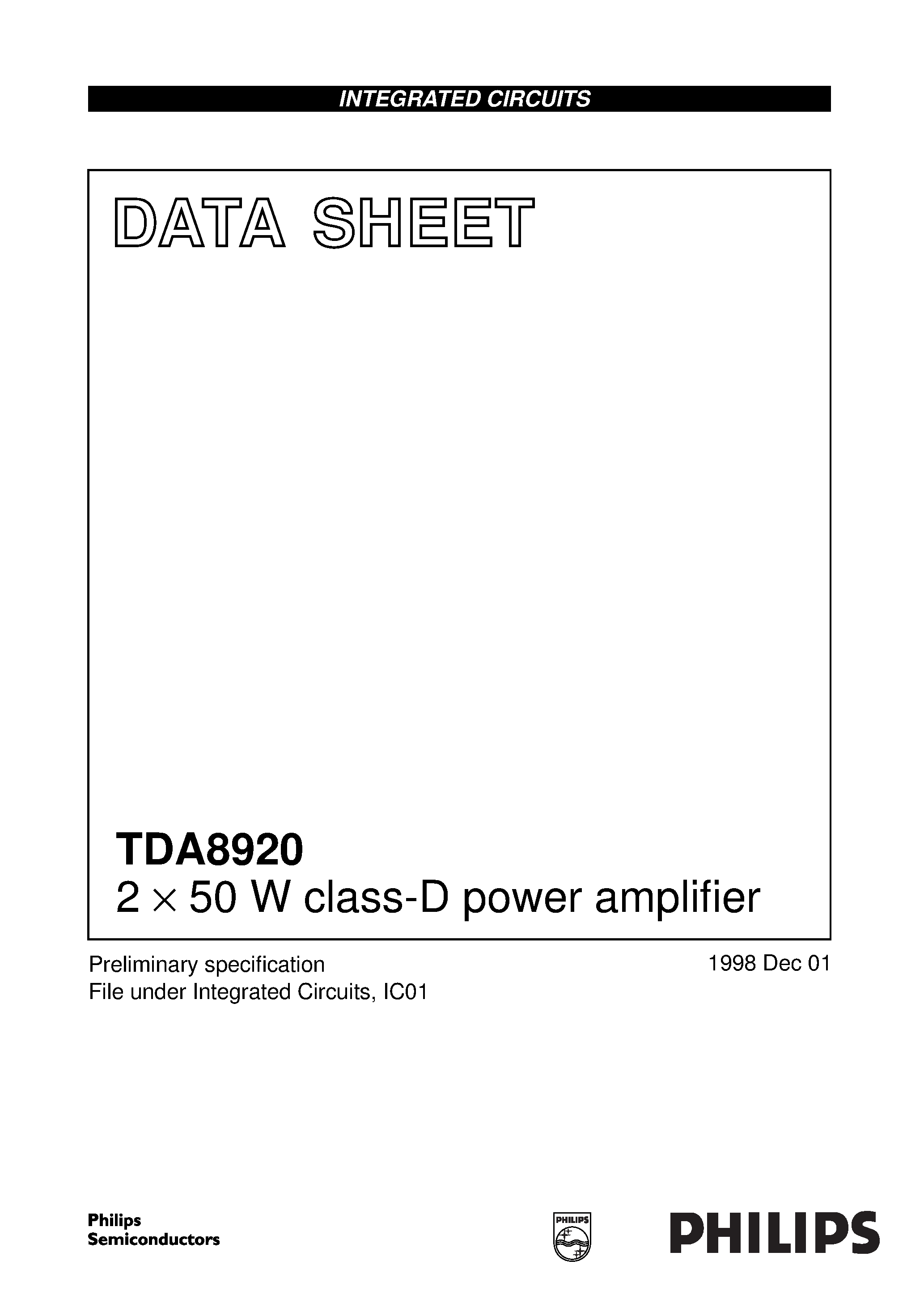 Даташит TDA8920 - 2 x 50 W class-D power amplifier страница 1