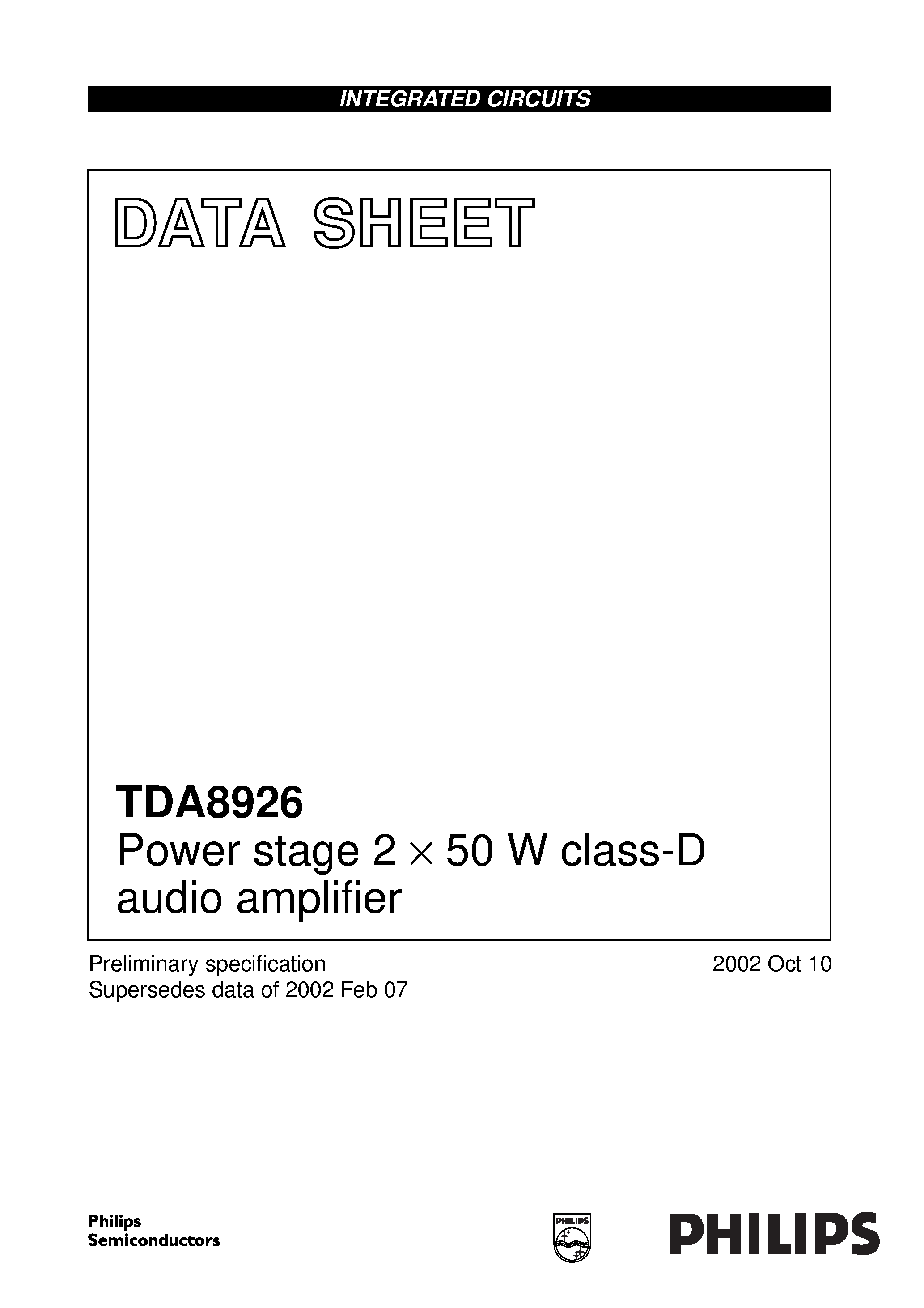 Даташит TDA8926 - Power stage 2 x 50 W class-D audio amplifier страница 1