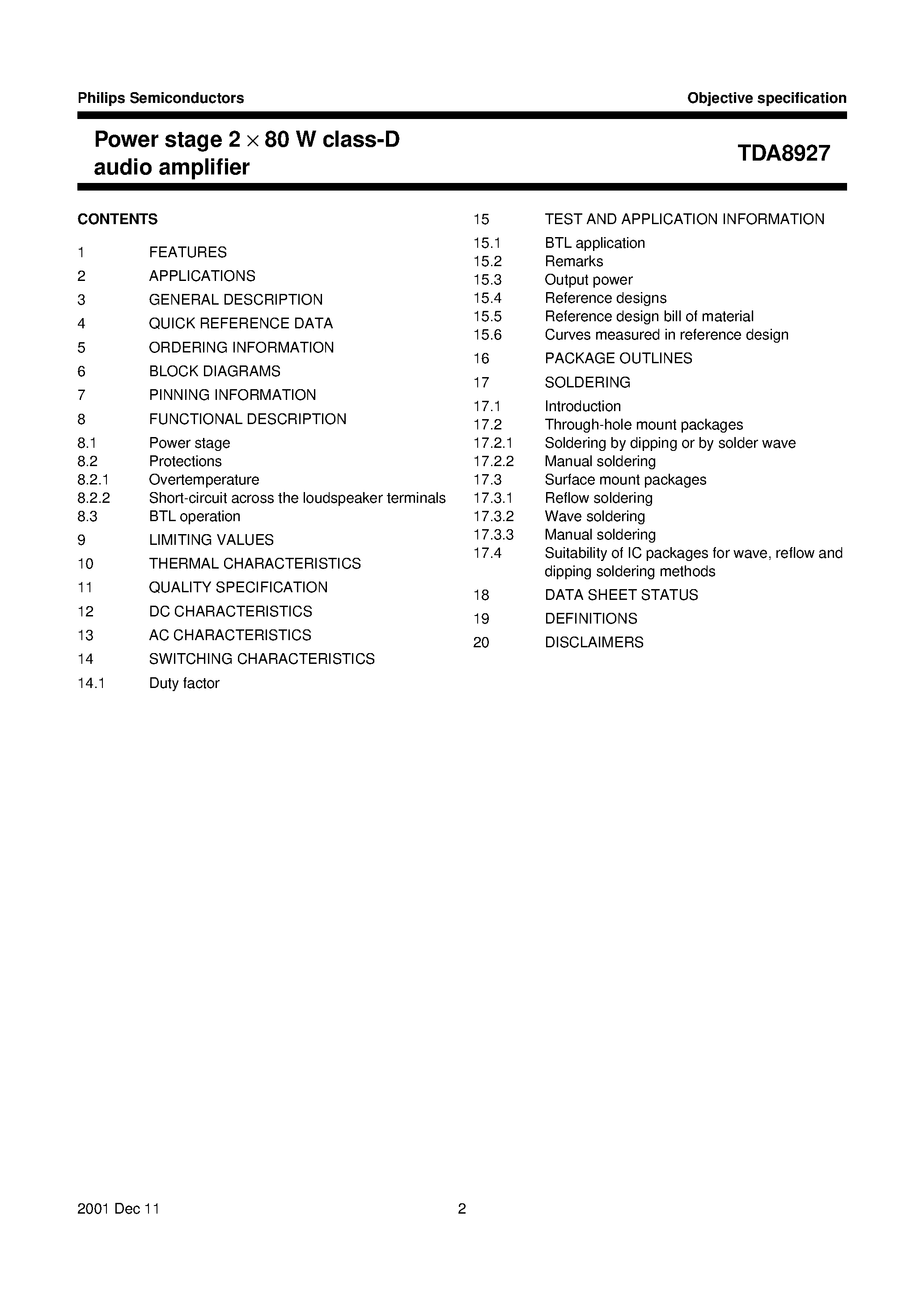Даташит TDA8927 - Power stage 2 x 80 W class-D audio amplifier страница 2