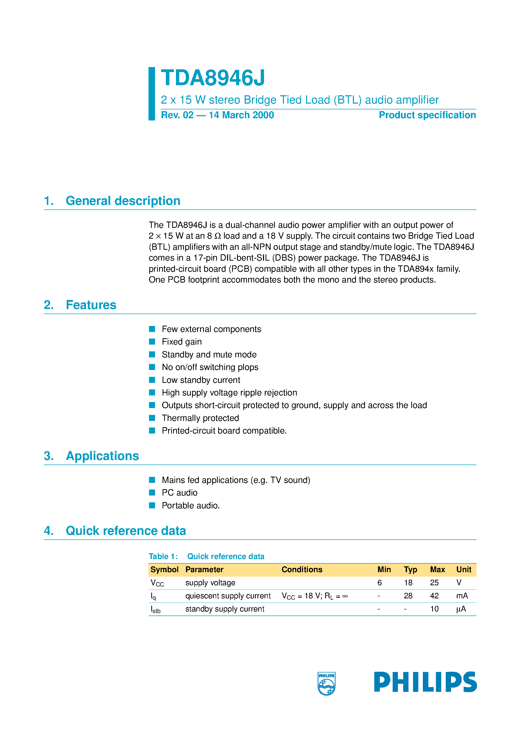 Даташит TDA8946 - 2 x 15 W stereo Bridge Tied Load BTL audio amplifier страница 1