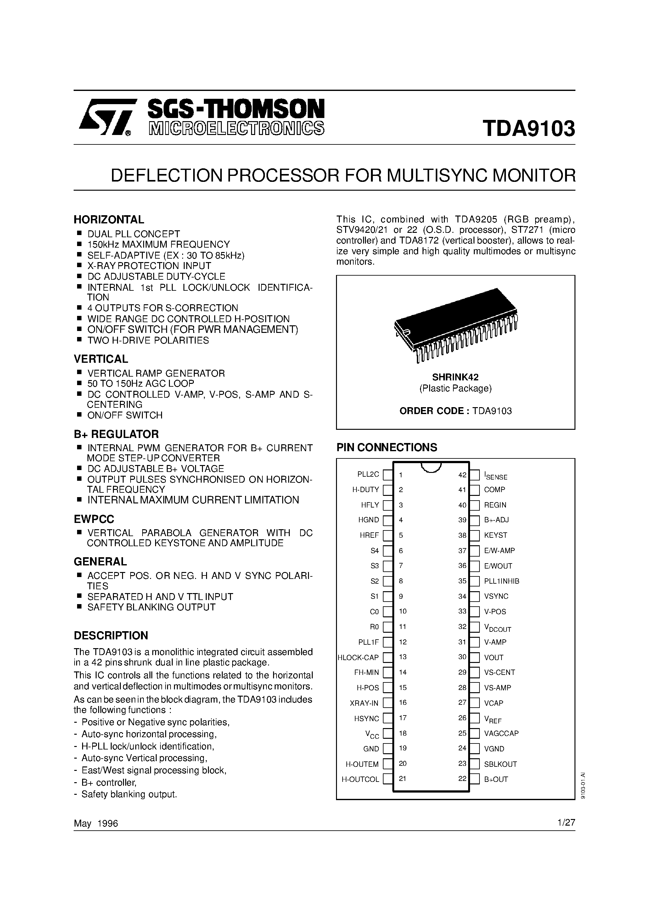 Даташит TDA9103 - DEFLECTION PROCESSOR FOR MULTISYNC MONITOR страница 1