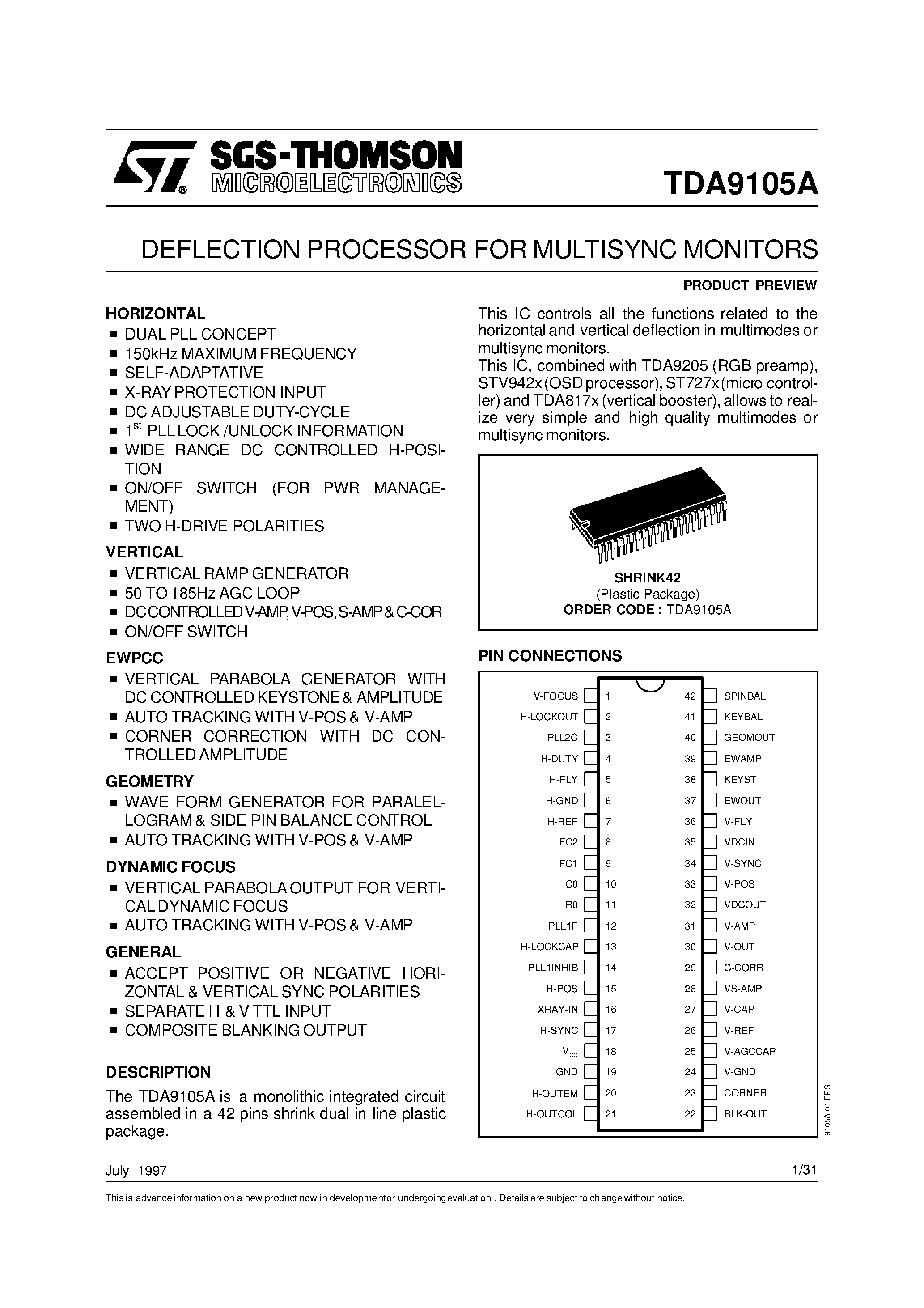 Даташит TDA9105A - DEFLECTION PROCESSOR FOR MULTISYNC MONITORS страница 1