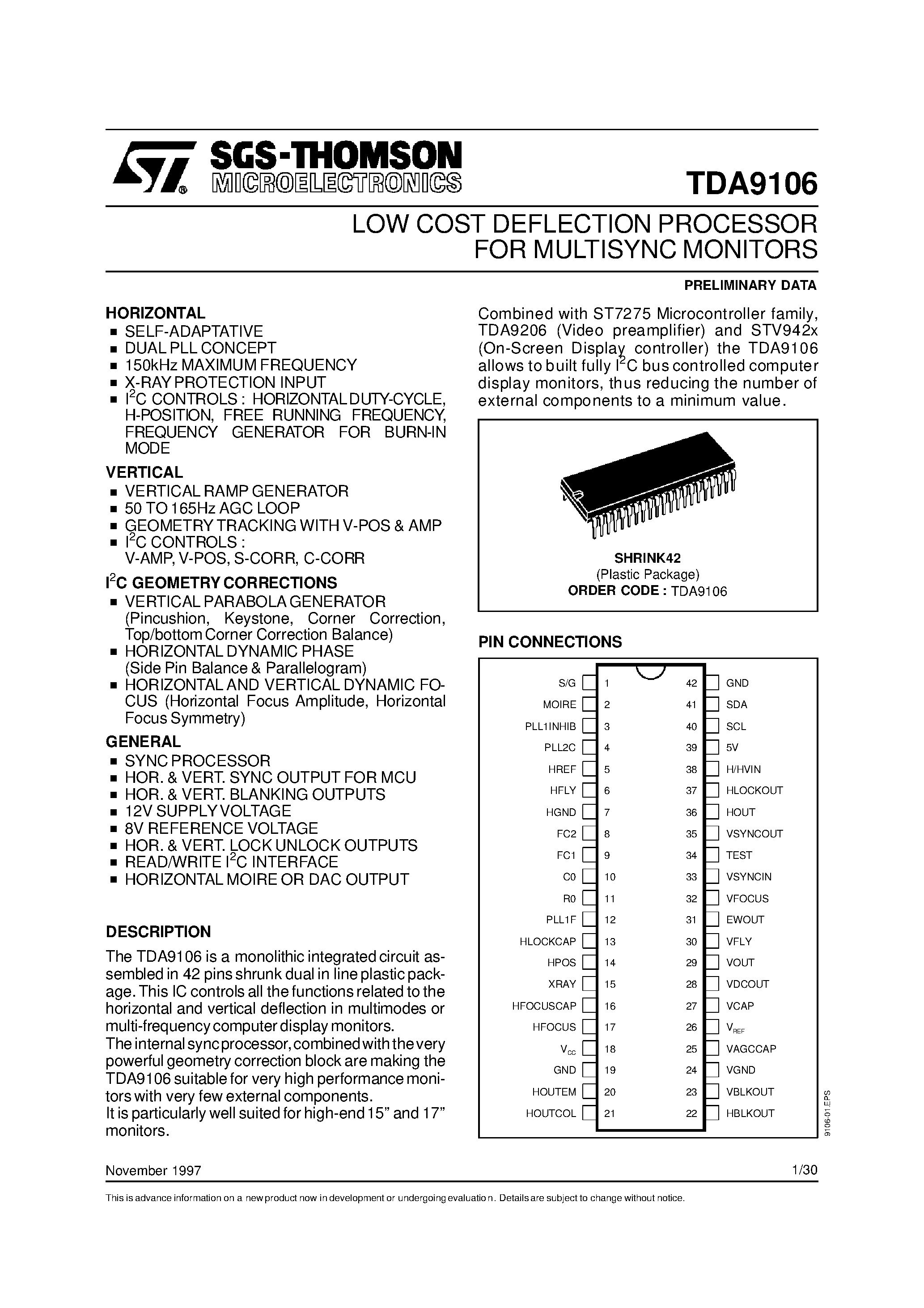 Даташит TDA9106 - LOW COST DEFLECTION PROCESSOR FOR MULTISYNC MONITORS страница 1