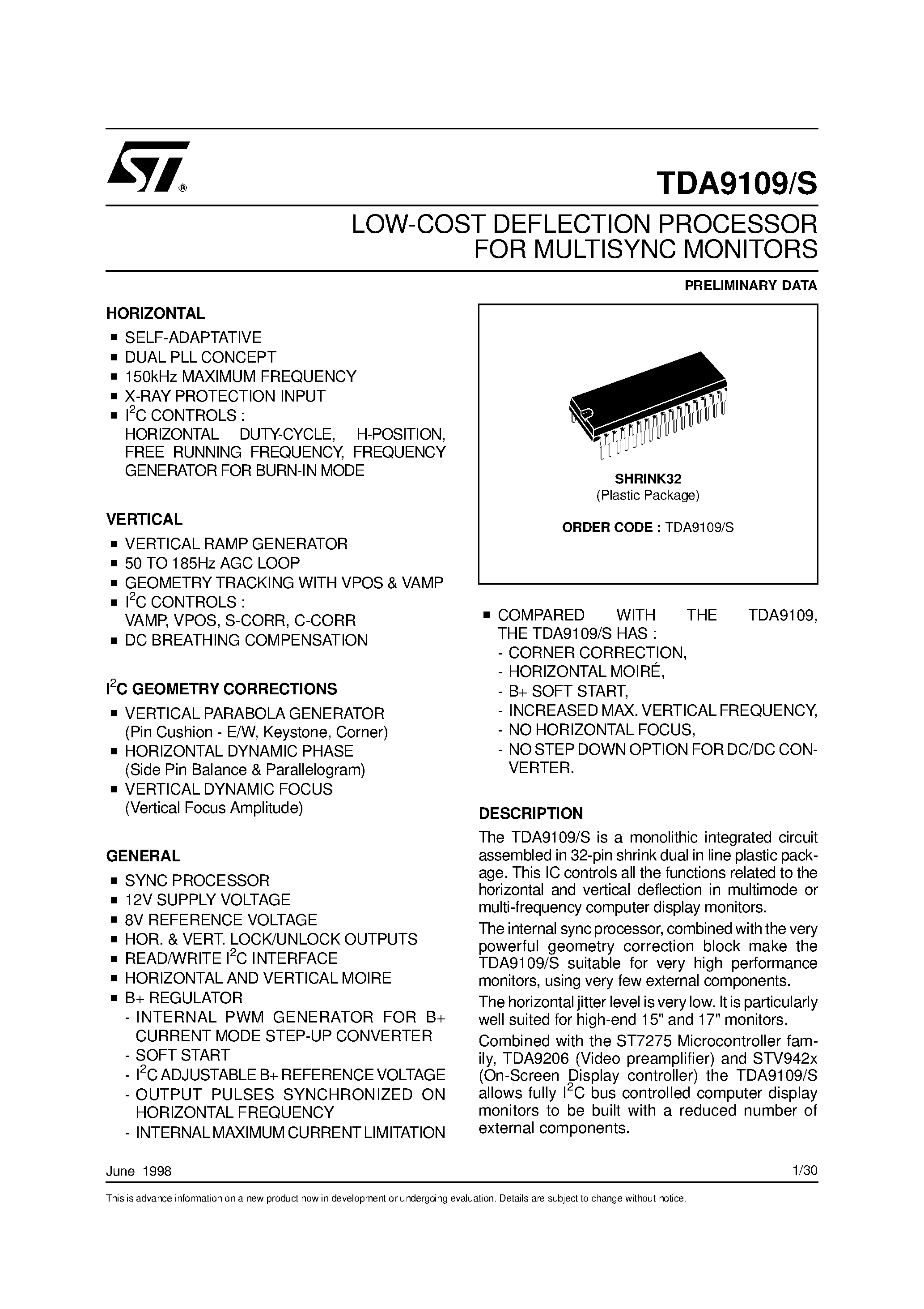 Даташит TDA9109S - LOW-COST DEFLECTION PROCESSOR FOR MULTISYNC MONITORS страница 1