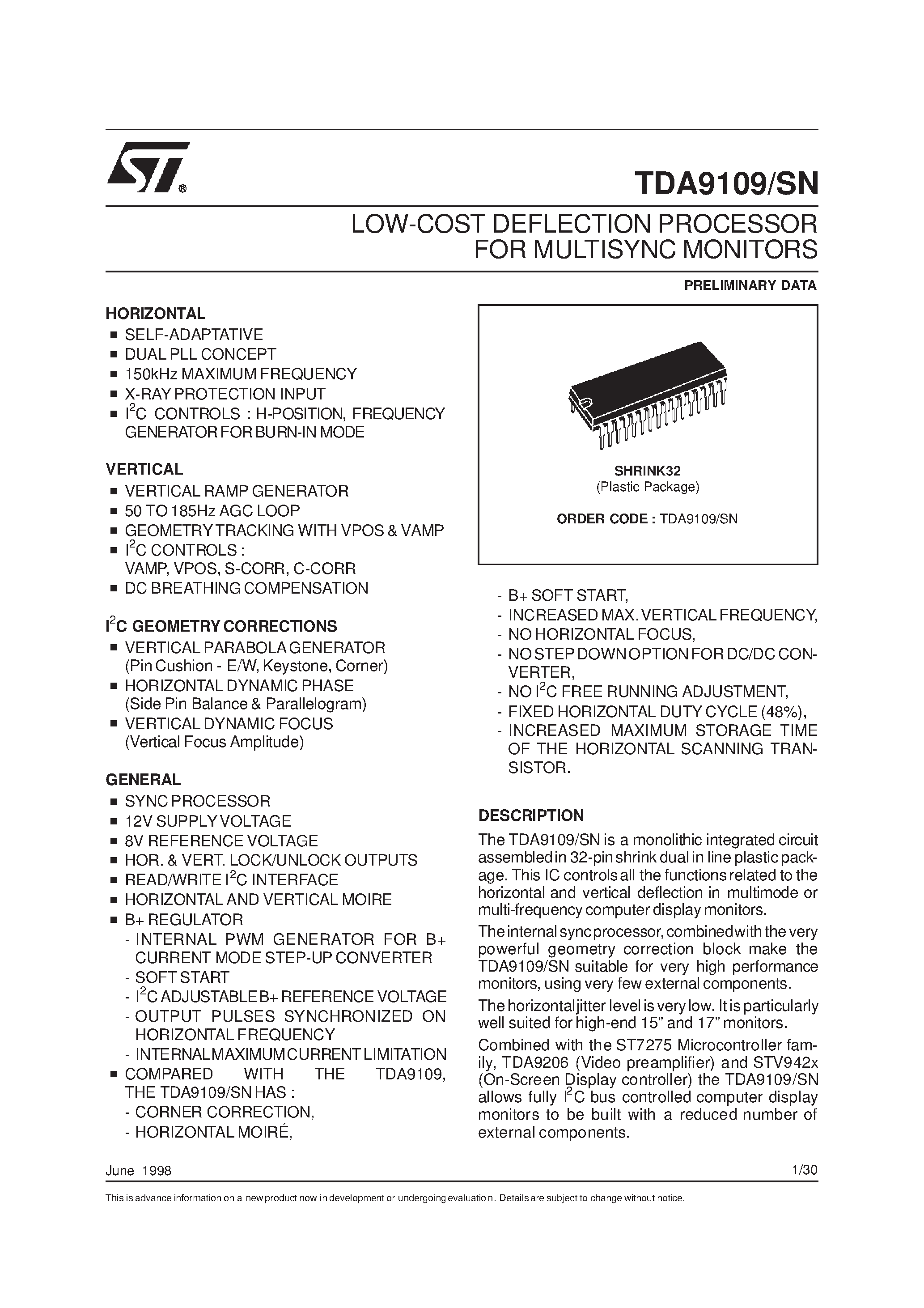 Даташит TDA9109SN - LOW-COST DEFLECTION PROCESSOR FOR MULTISYNC MONITORS страница 1