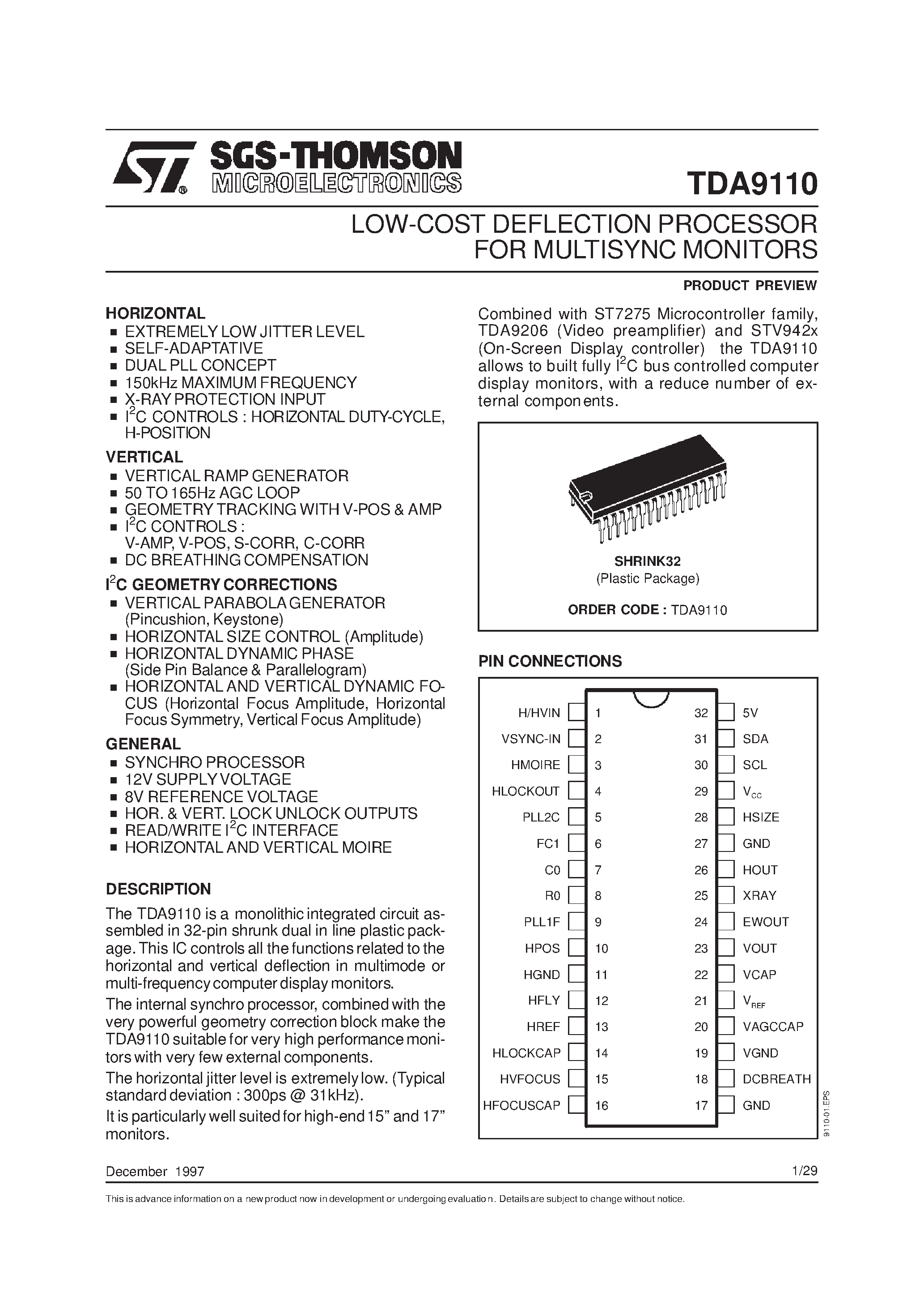 Даташит TDA9110 - LOW-COST DEFLECTION PROCESSOR FOR MULTISYNC MONITORS страница 1