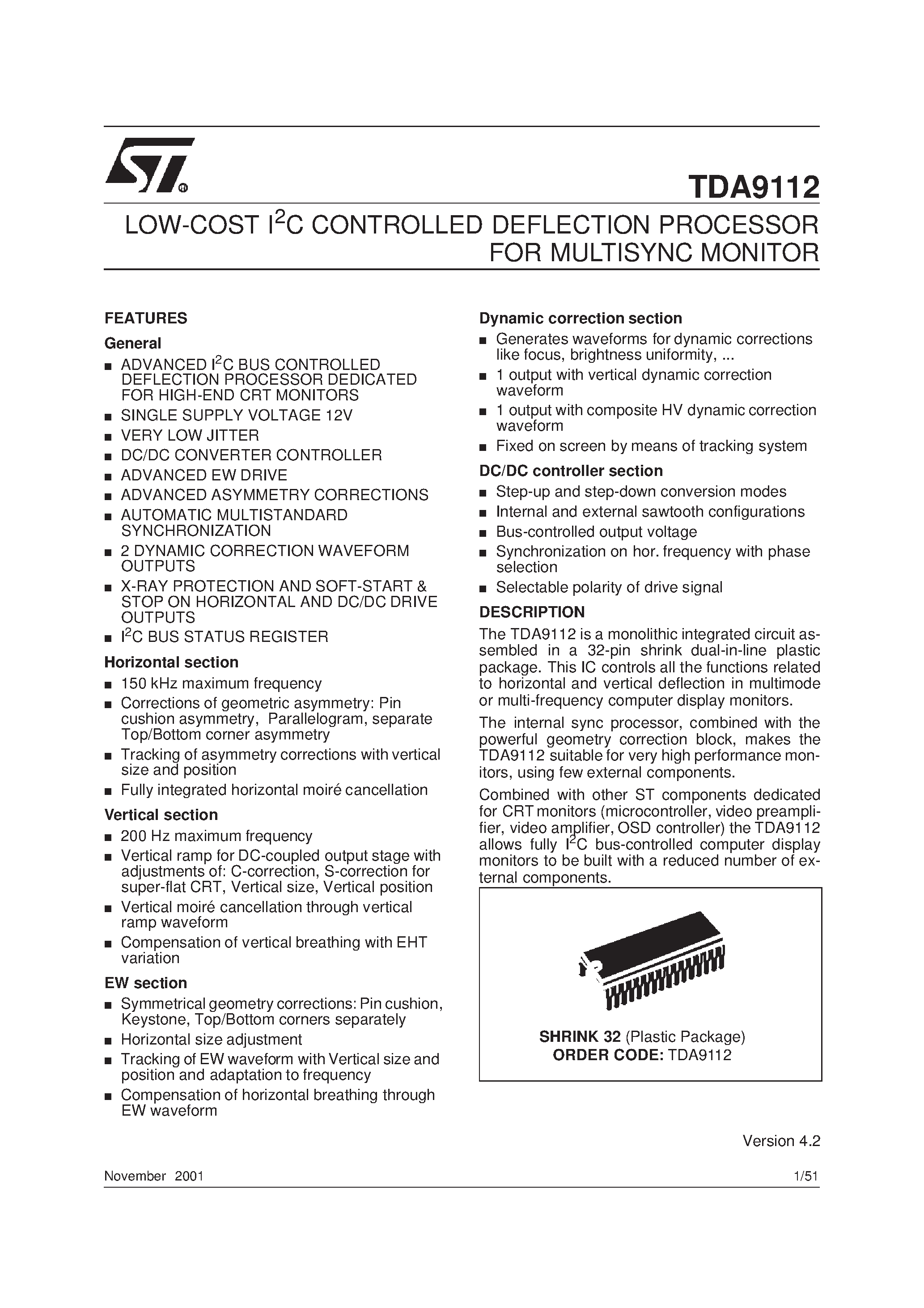 Даташит TDA9112 - LOW-COST I2C CONTROLLED DEFLECTION PROCESSOR FOR MULTISYNC MONITOR страница 1