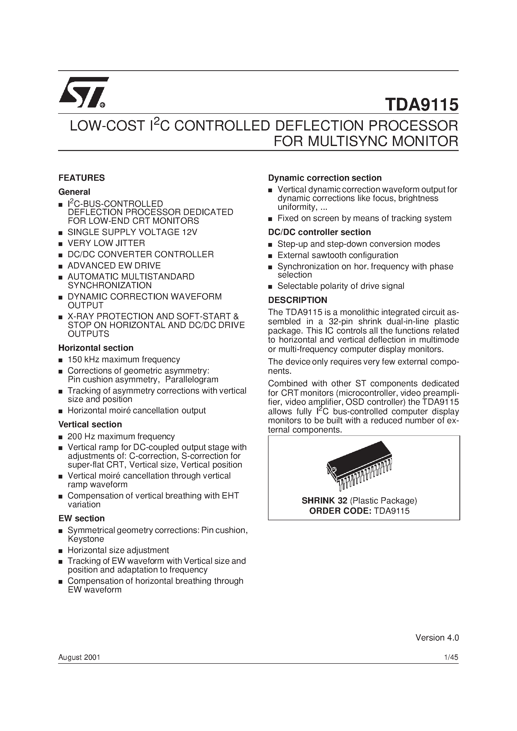 Даташит TDA9115 - LOW-COST I2C CONTROLLED DEFLECTION PROCESSOR FOR MULTISYNC MONITOR страница 1