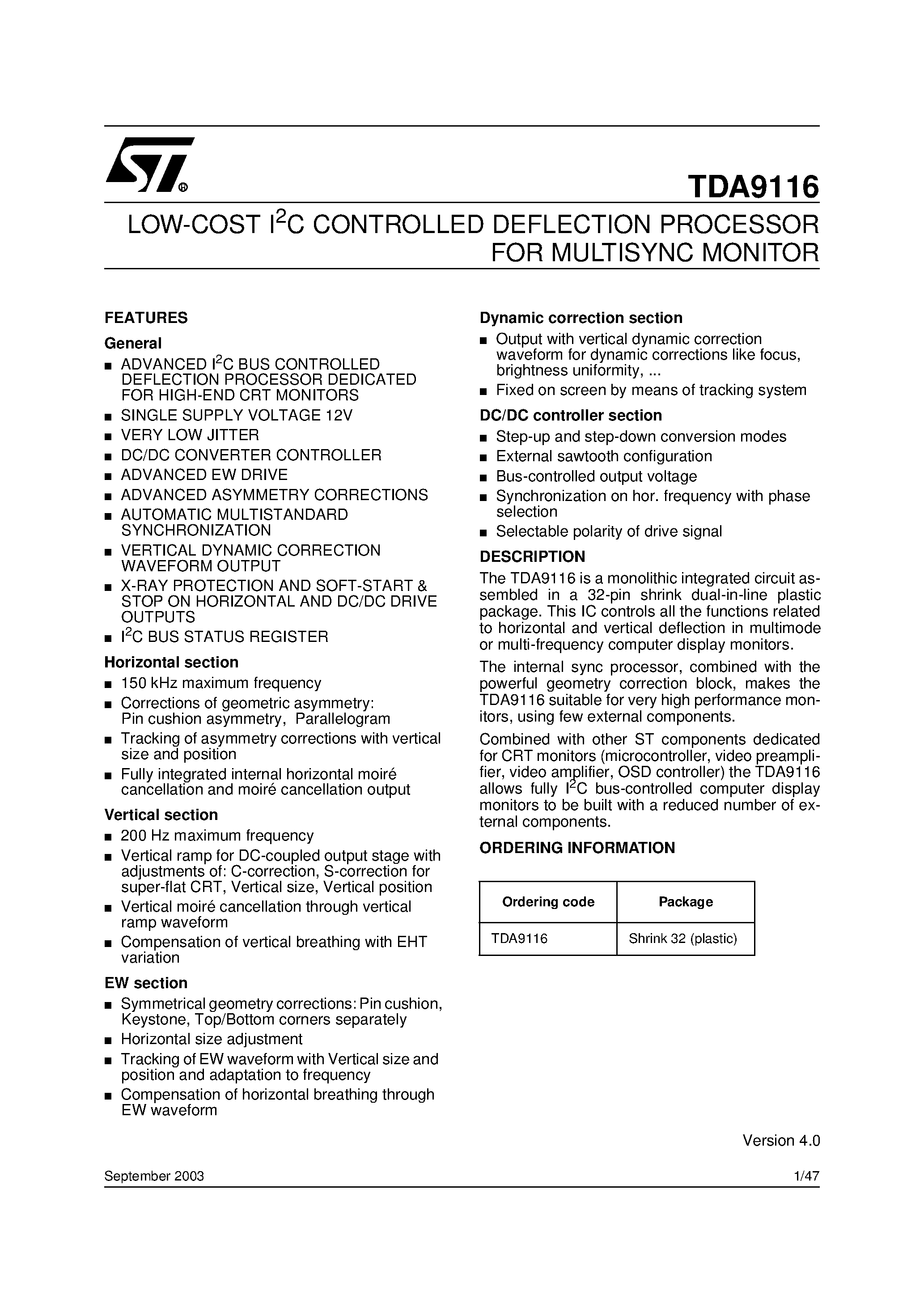 Даташит TDA9116 - LOW-COST I2C CONTROLLED DEFLECTION PROCESSOR FOR MULTISYNC MONITOR страница 1