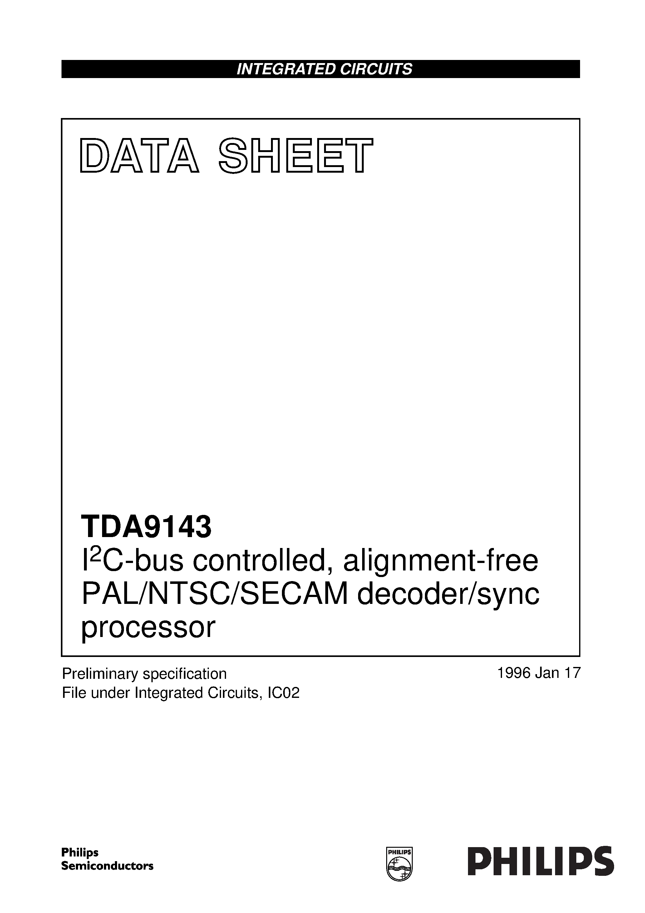 Даташит TDA9143 - I2C-bus controlled/ alignment-free PAL/NTSC/SECAM decoder/sync processor страница 1