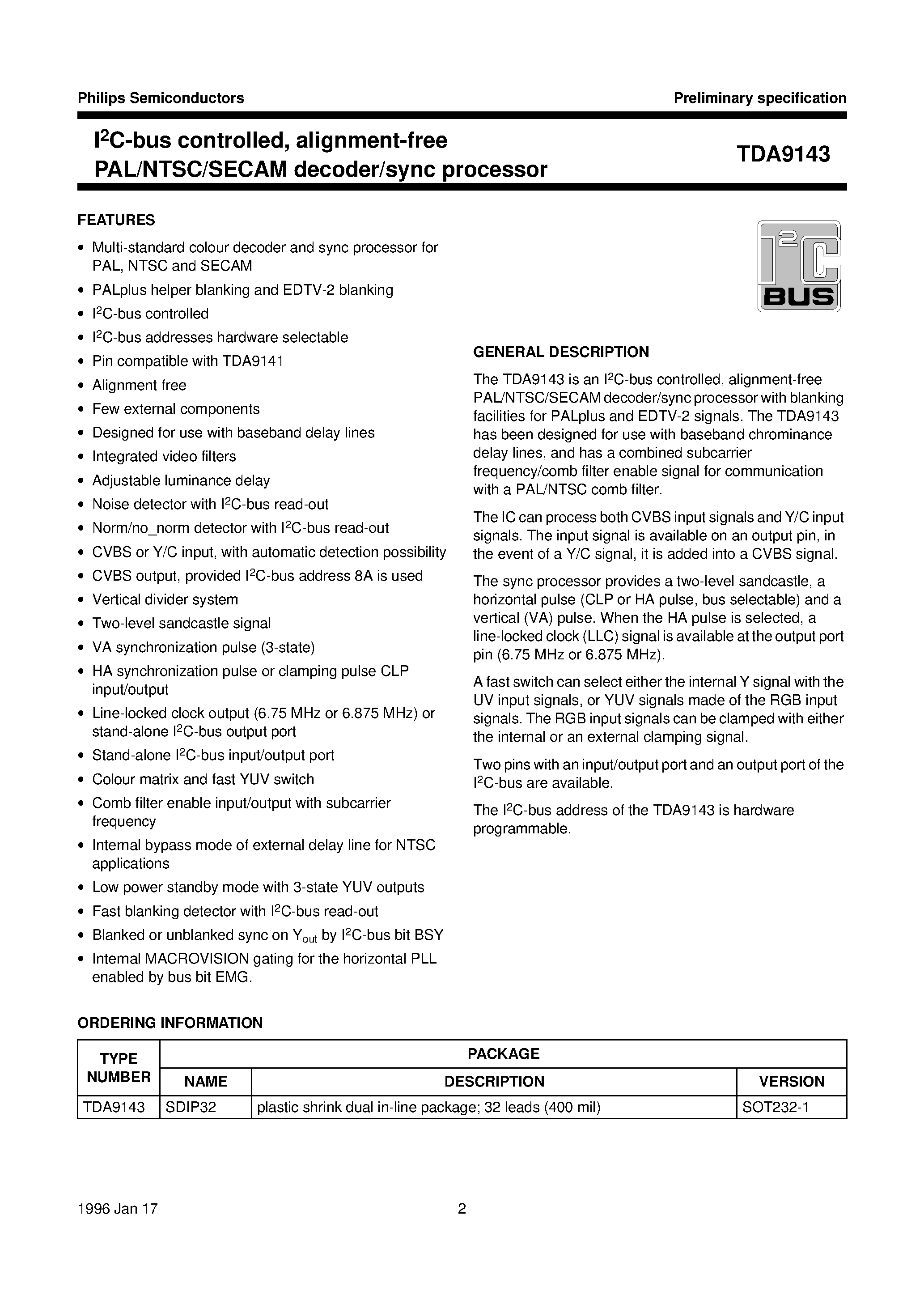 Даташит TDA9143 - I2C-bus controlled/ alignment-free PAL/NTSC/SECAM decoder/sync processor страница 2