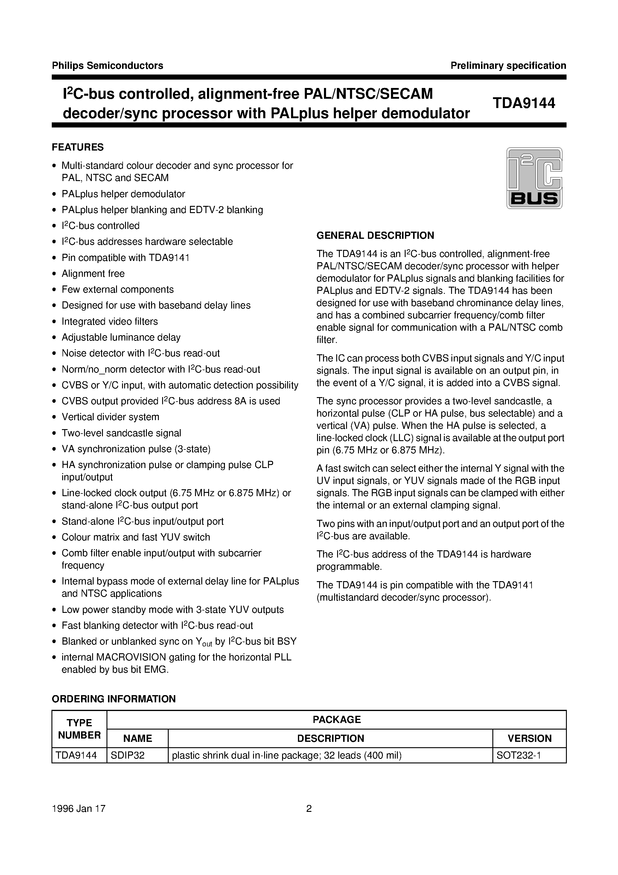 Даташит TDA9144 - I2C-bus controlled/ alignment-free PAL/NTSC/SECAM decoder/sync processor with PALplus helper demodulator страница 2