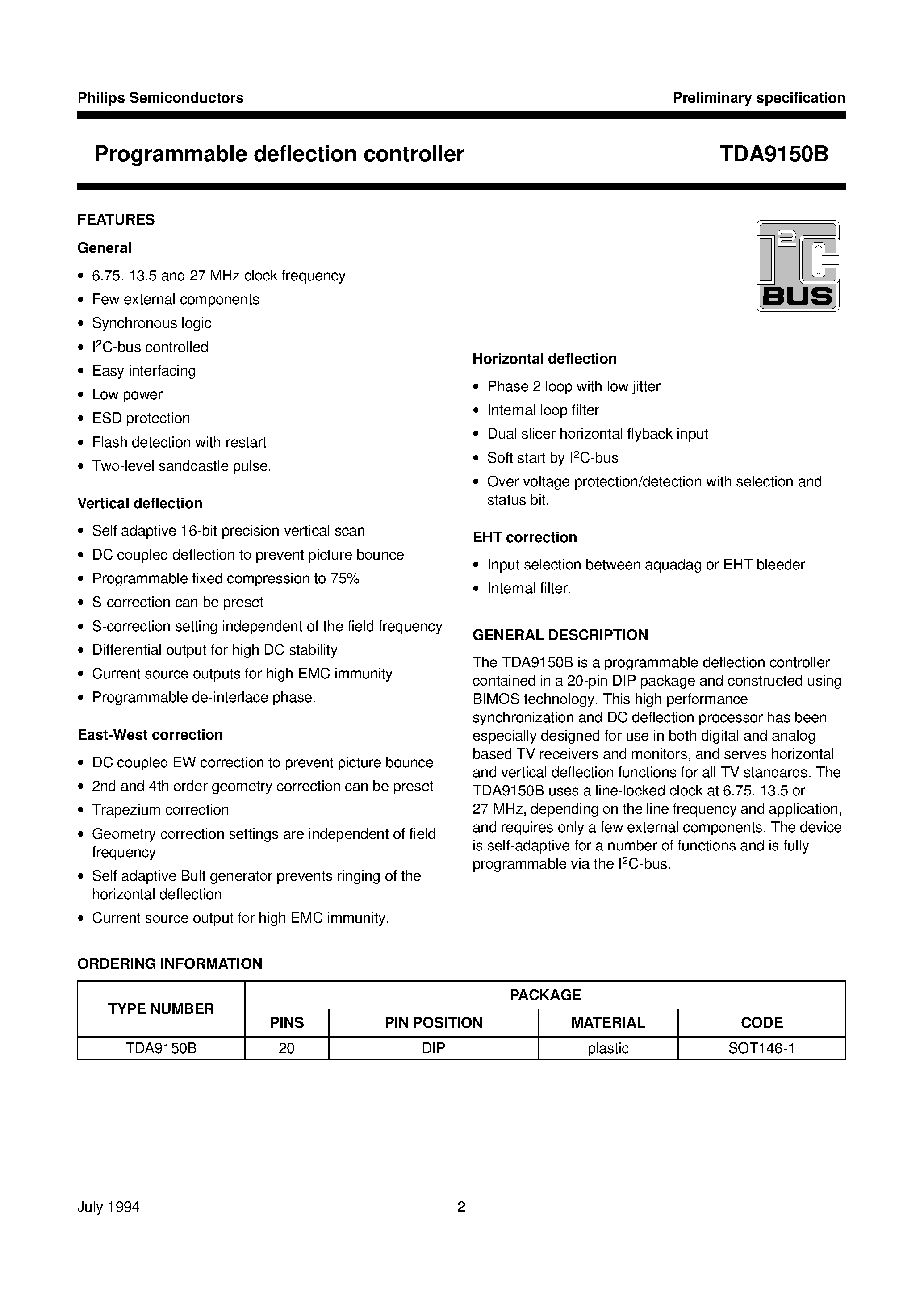 Даташит TDA9150B - Programmable deflection controller страница 2