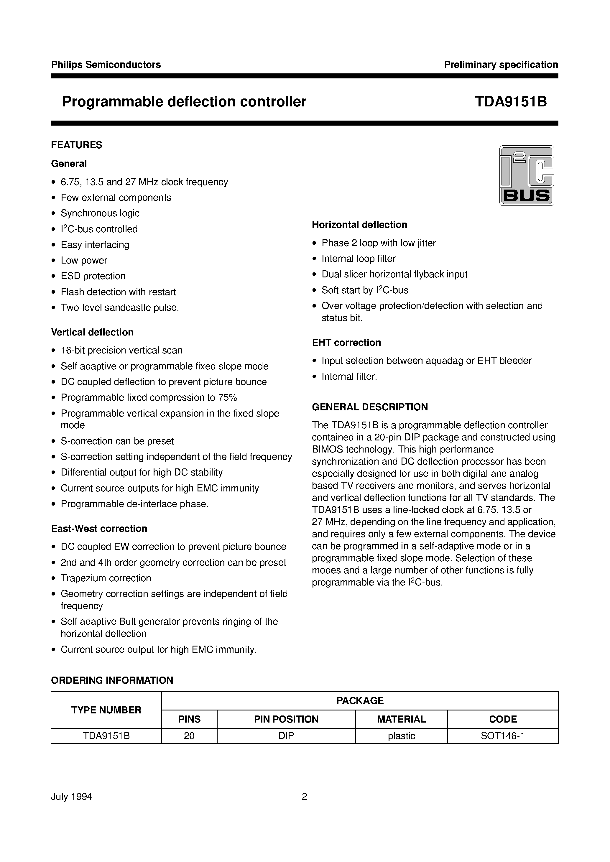 Даташит TDA9151B - Programmable deflection controller страница 2