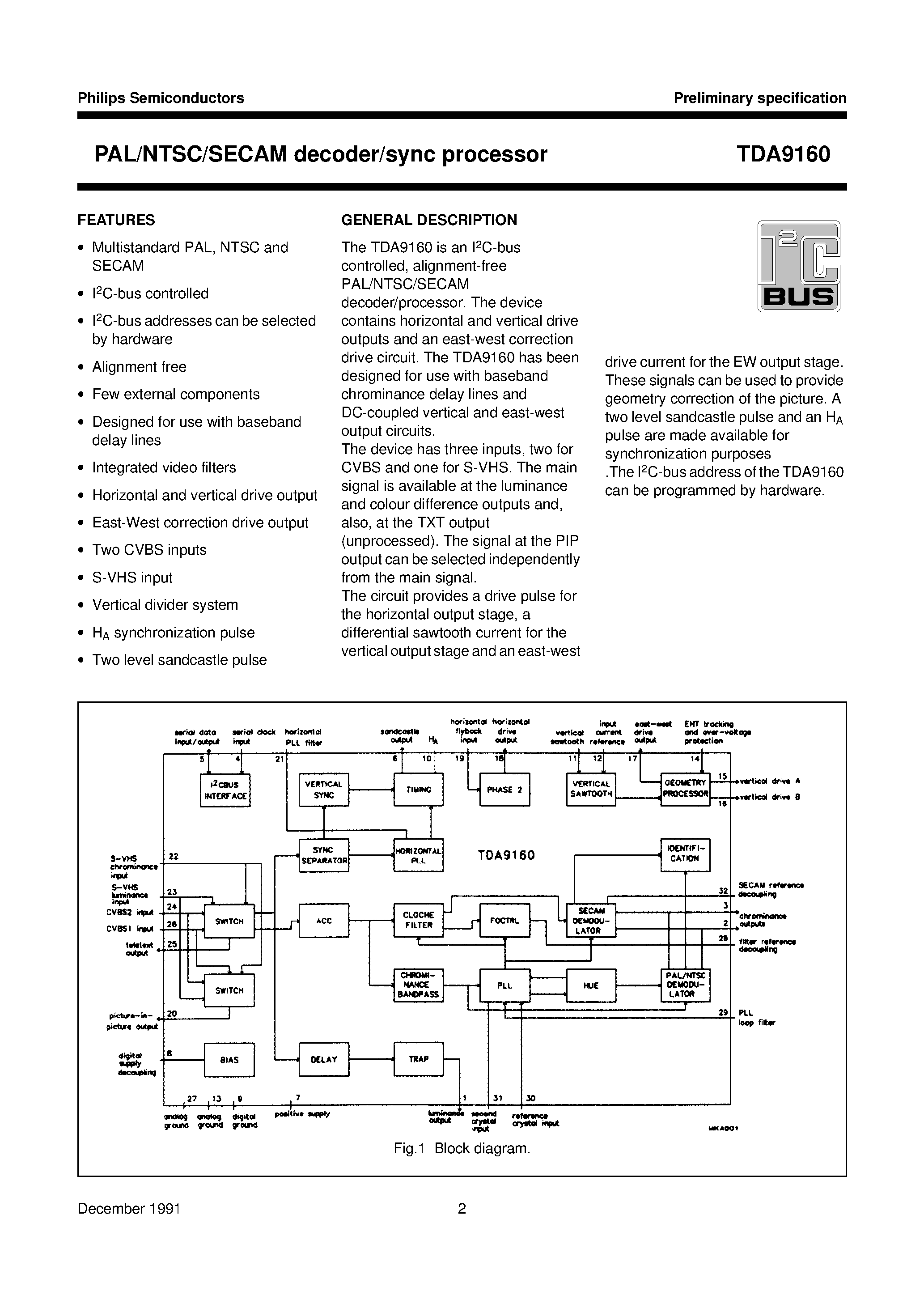 Даташит TDA9160 - PAL/NTSC/SECAM decoder/sync processor страница 2