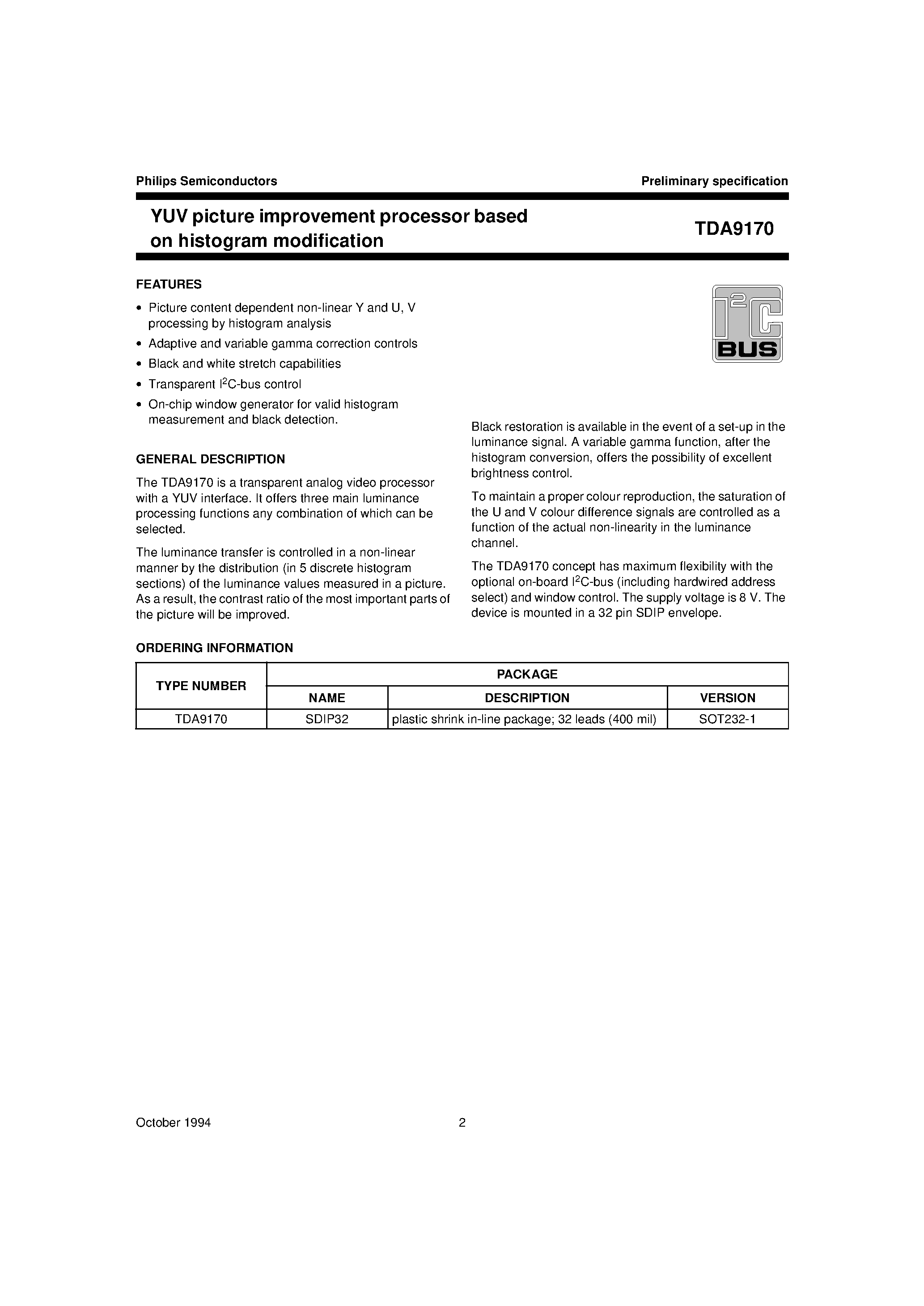 Даташит TDA9170 - YUV picture improvement processor based on histogram modification страница 1