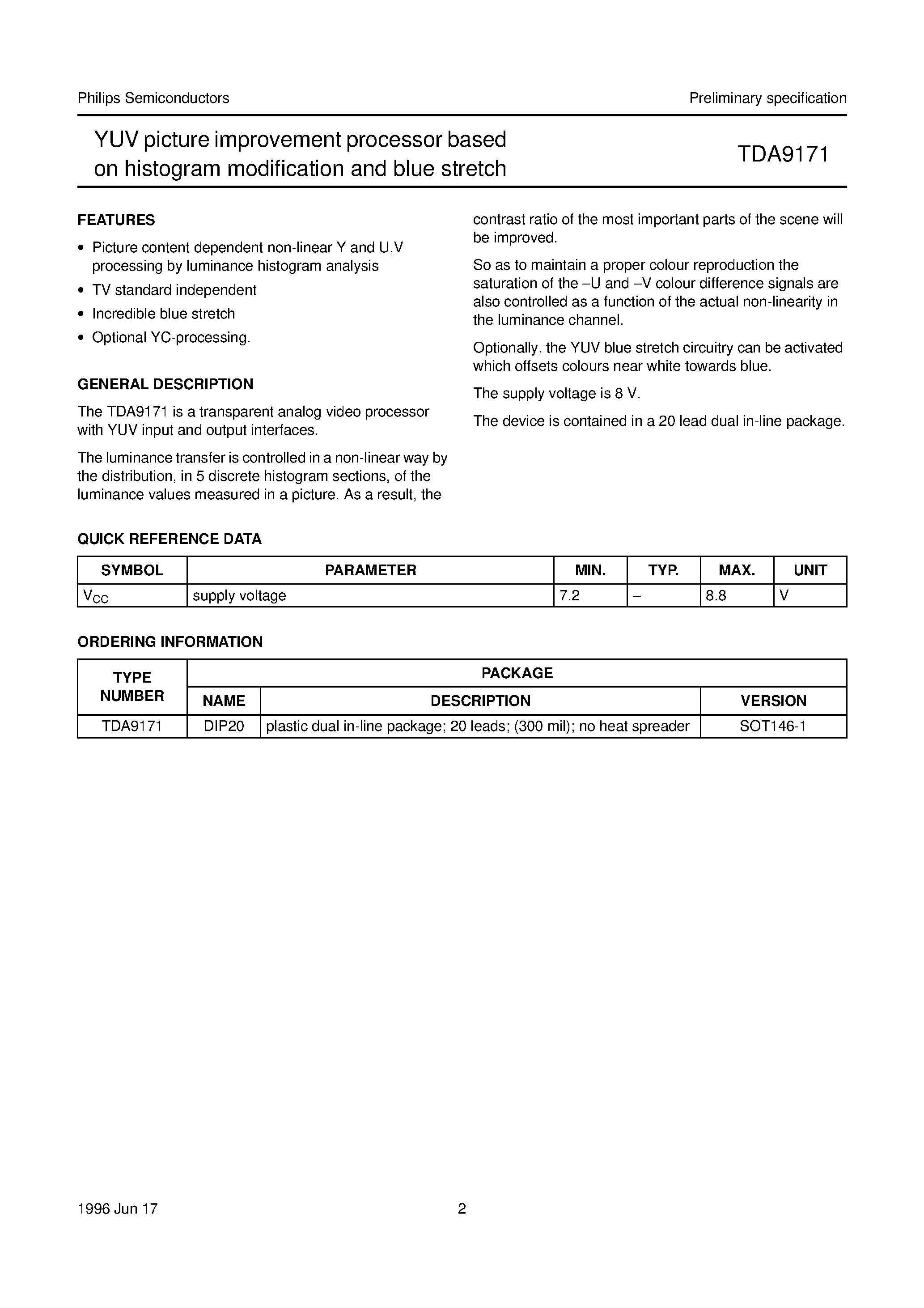 Даташит TDA9171 - YUV picture improvement processor based on histogram modification and blue stretch страница 2