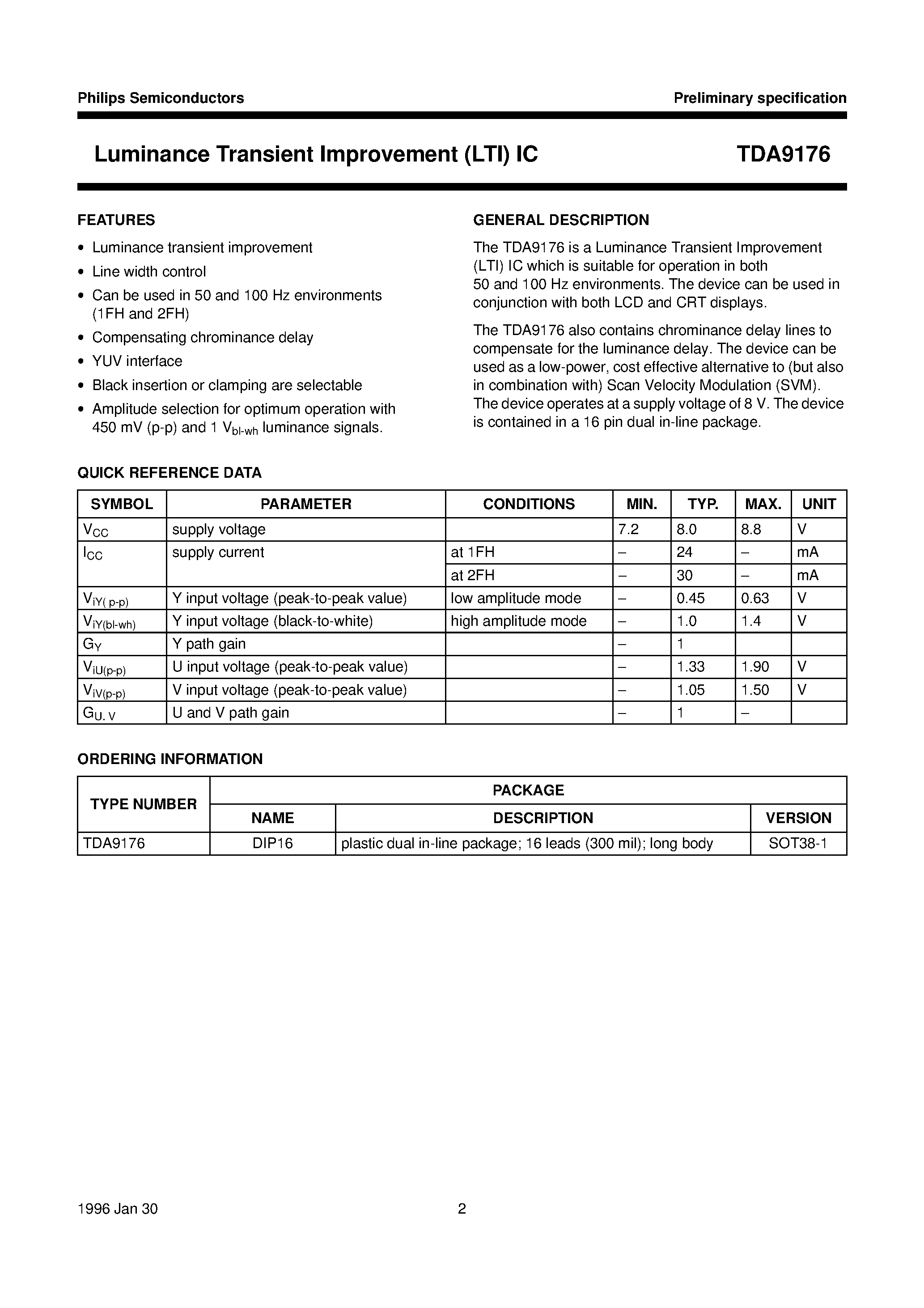 Даташит TDA9176 - Luminance Transient Improvement LTI IC страница 2