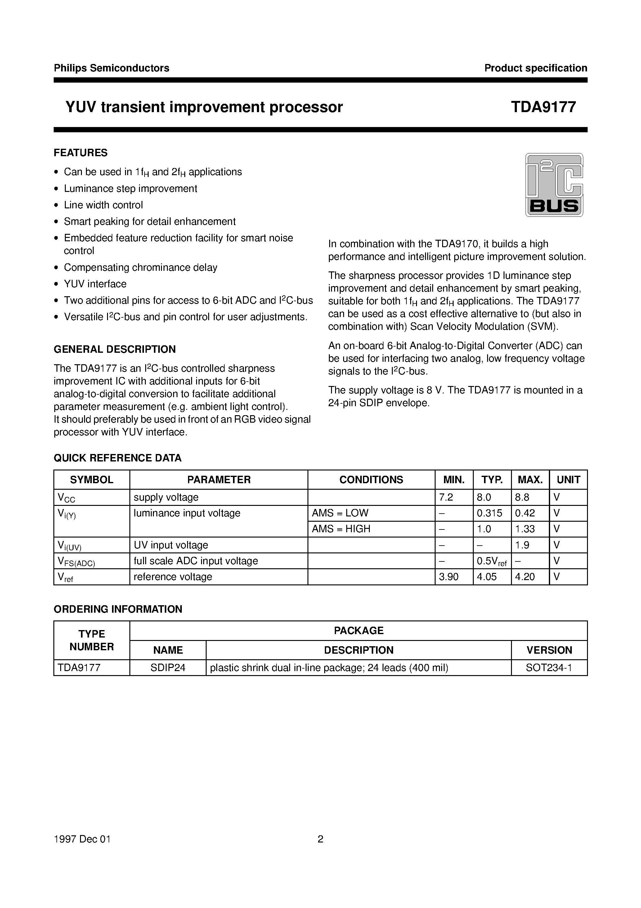 Даташит TDA9177 - YUV transient improvement processor страница 2