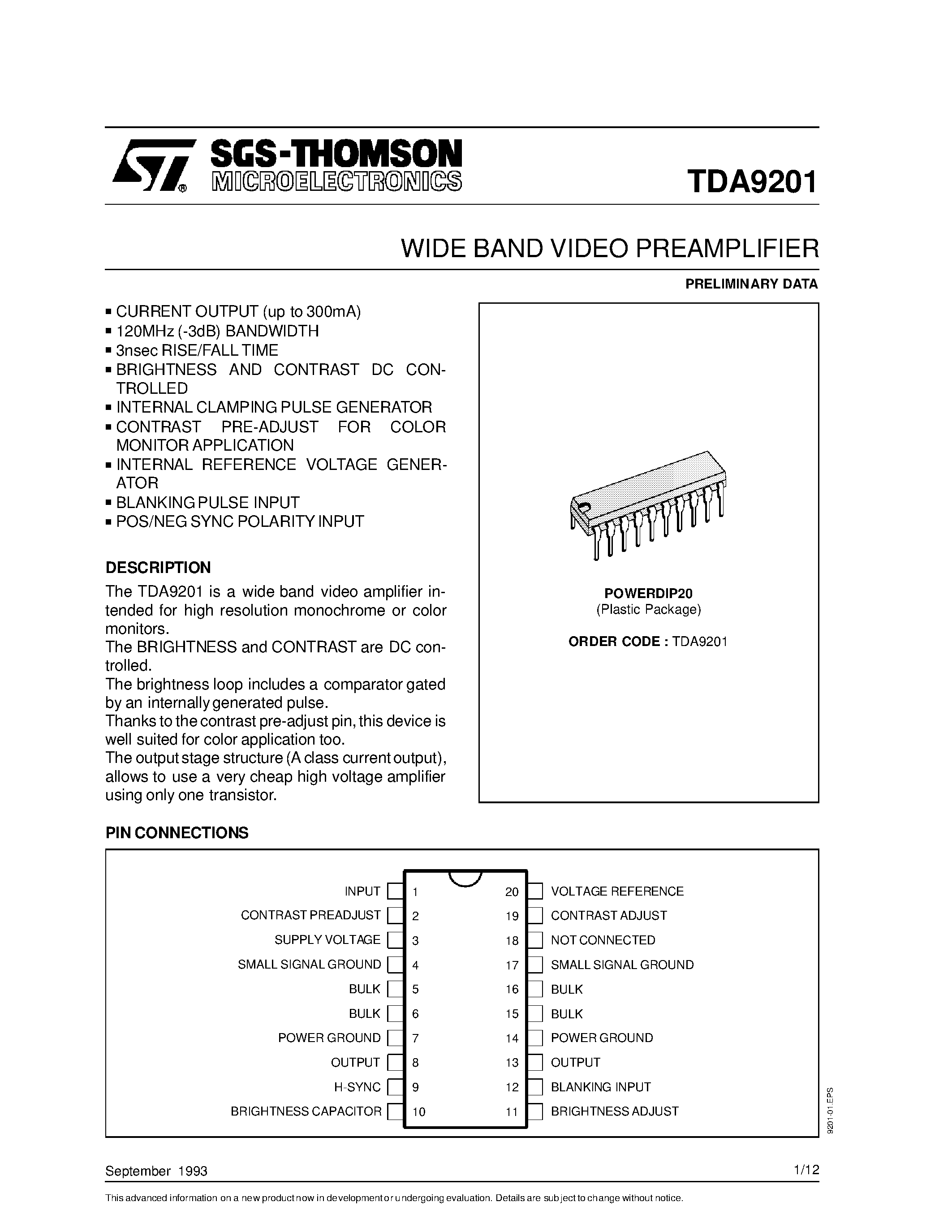 Даташит TDA9201 - WIDE BAND VIDEO PREAMPLIFIER страница 1