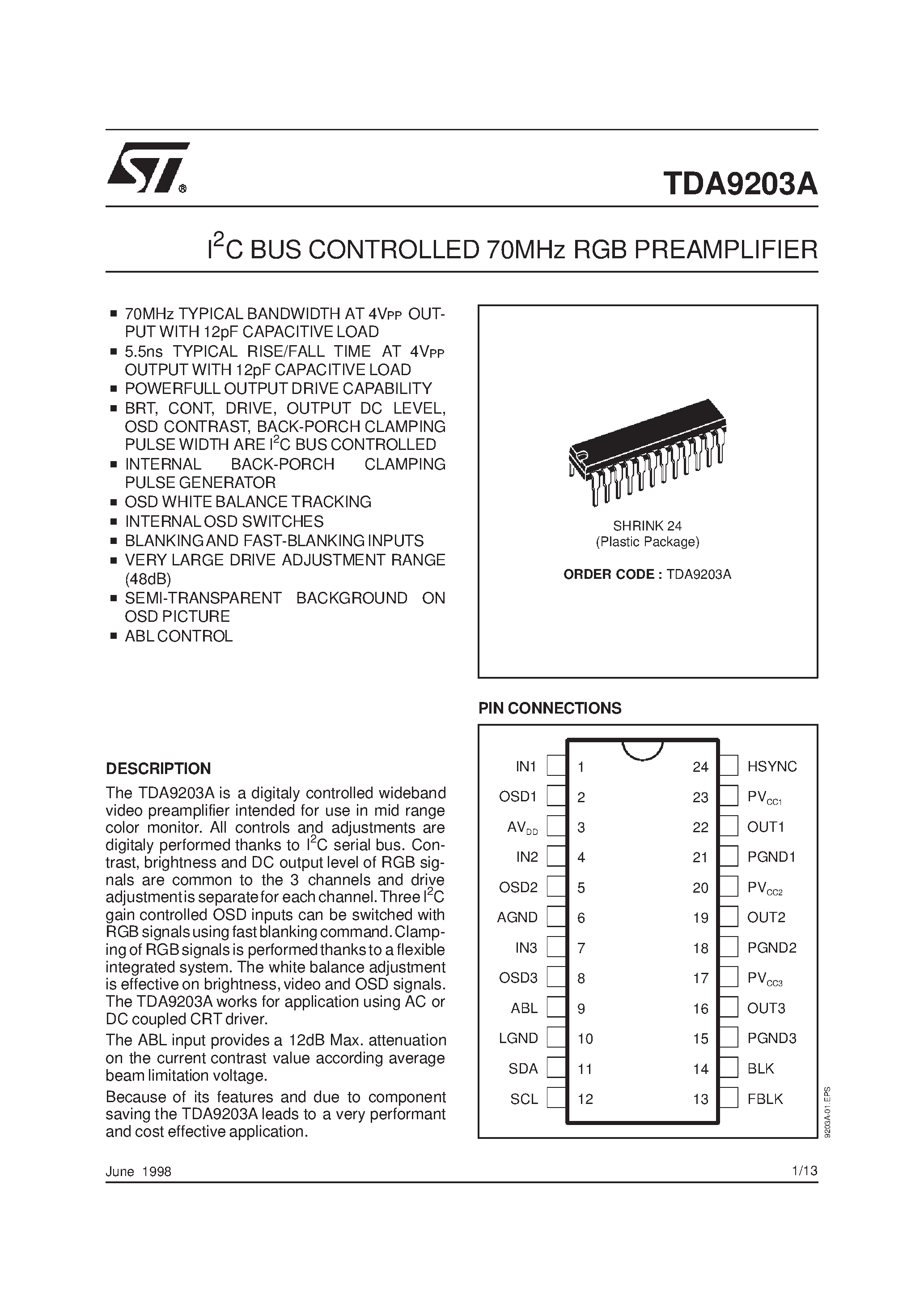 Даташит TDA9203 - I2C BUS CONTROLLED 70MHz RGB PREAMPLIFIER страница 1