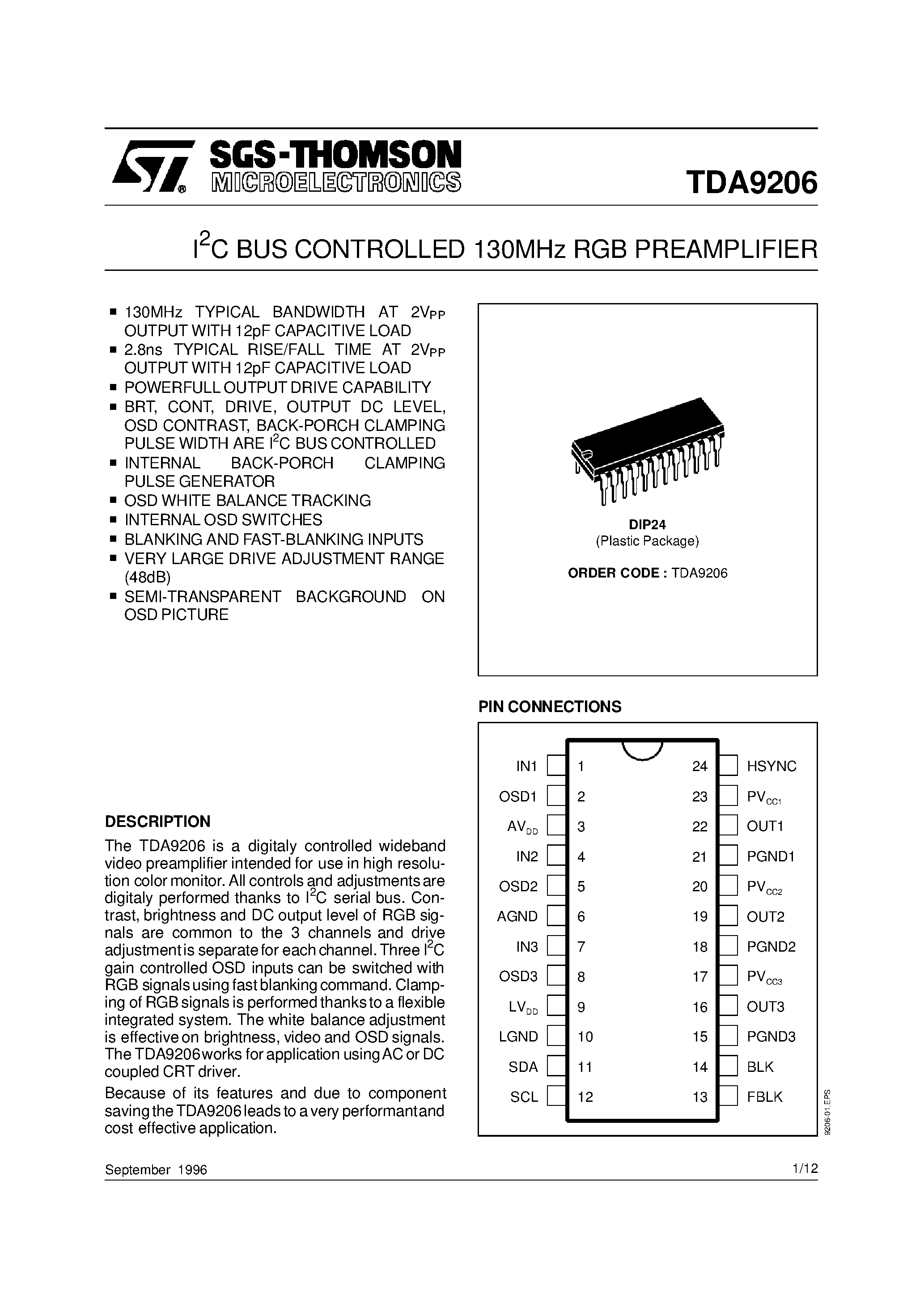 Даташит TDA9206 - I2C BUS CONTROLLED 130MHz RGB PREAMPLIFIER страница 1