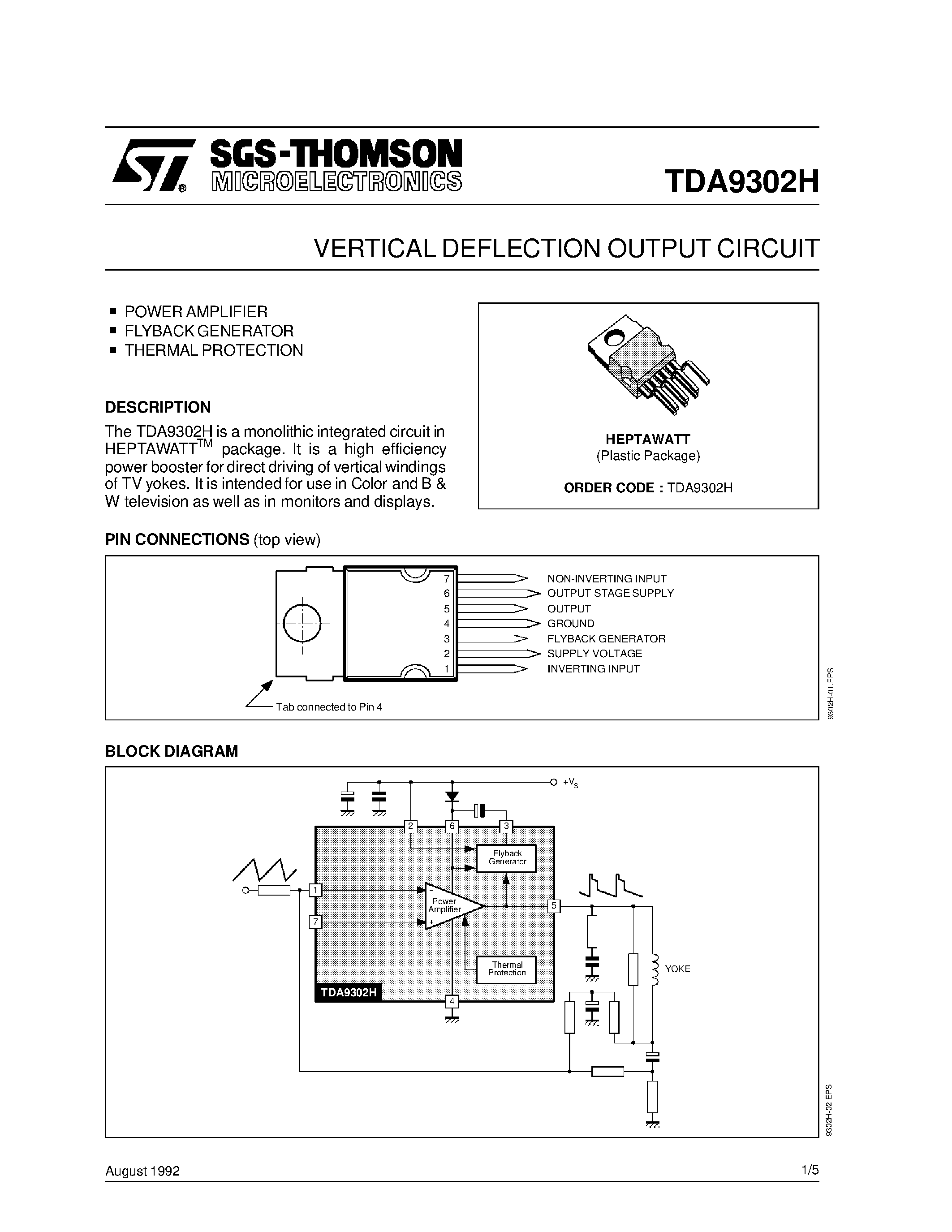 Даташит TDA9302 - VERTICAL DEFLECTION OUTPUT CIRCUIT страница 1