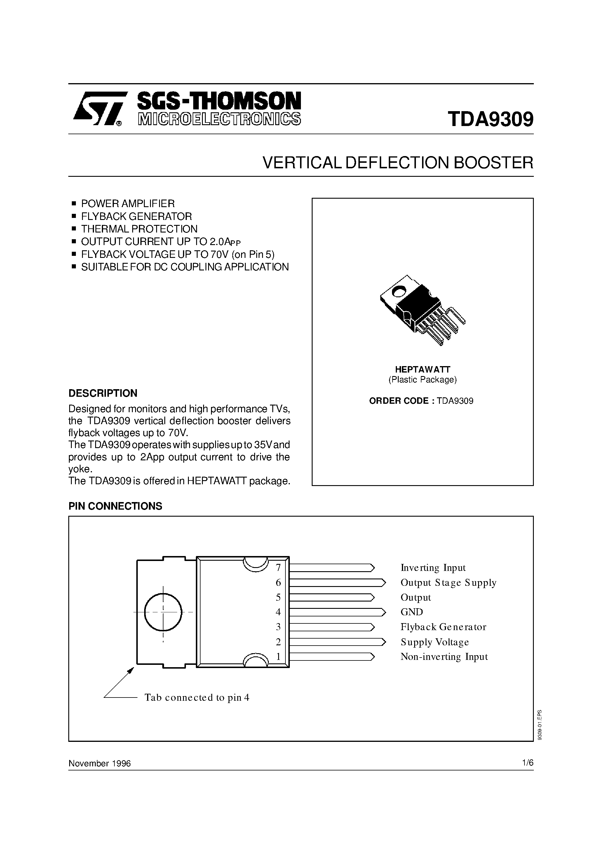 Даташит TDA9309 - VERTICAL DEFLECTION BOOSTER страница 1