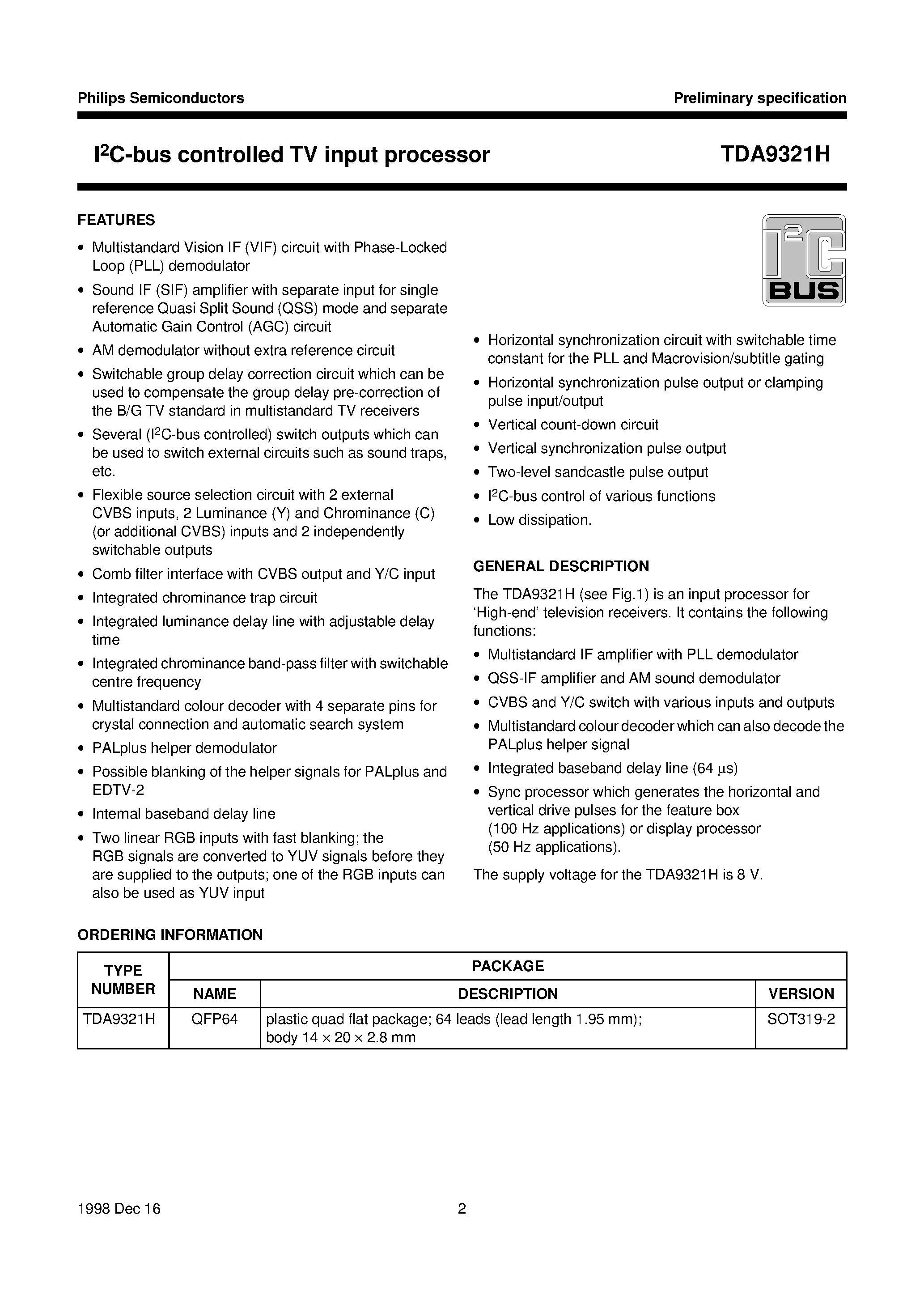 Даташит TDA9321 - I2C-bus controlled TV input processor страница 2