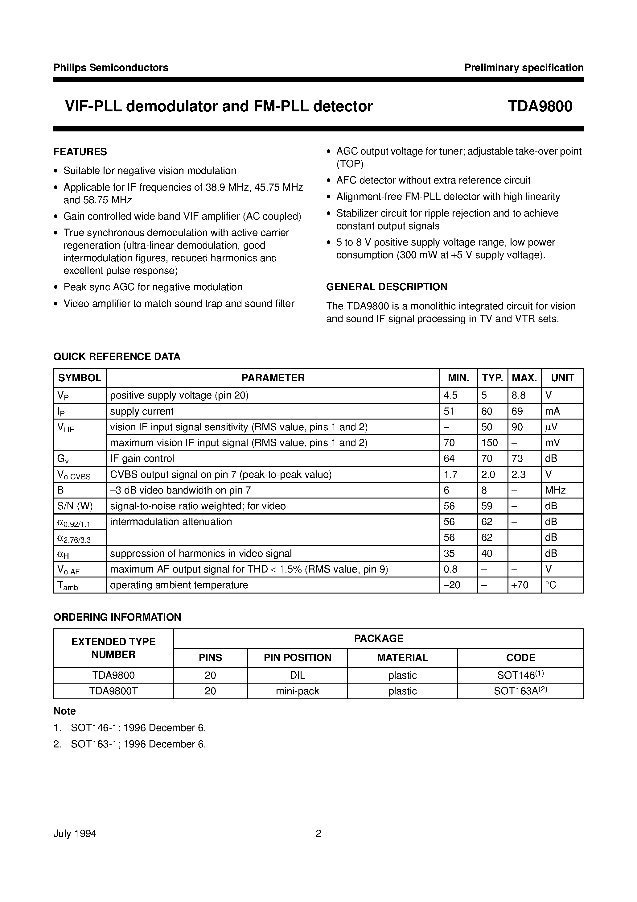 Даташит TDA9800T - VIF-PLL demodulator and FM-PLL detector страница 2