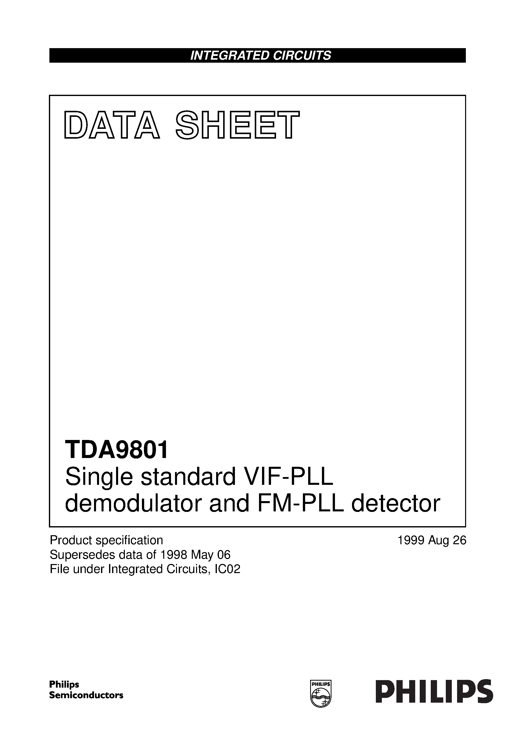 Даташит TDA9801 - Single standard VIF-PLL demodulator and FM-PLL detector страница 1