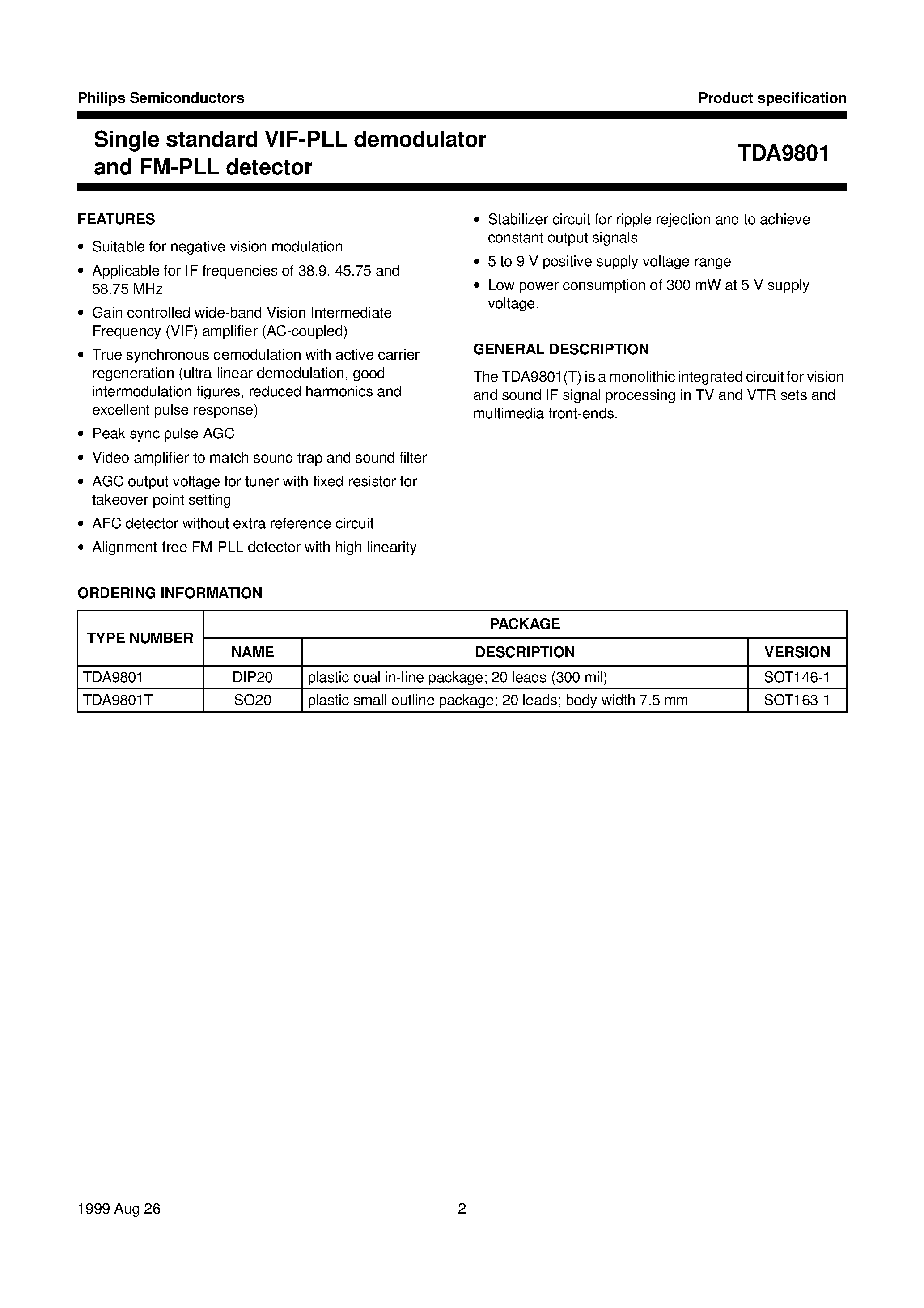 Даташит TDA9801 - Single standard VIF-PLL demodulator and FM-PLL detector страница 2