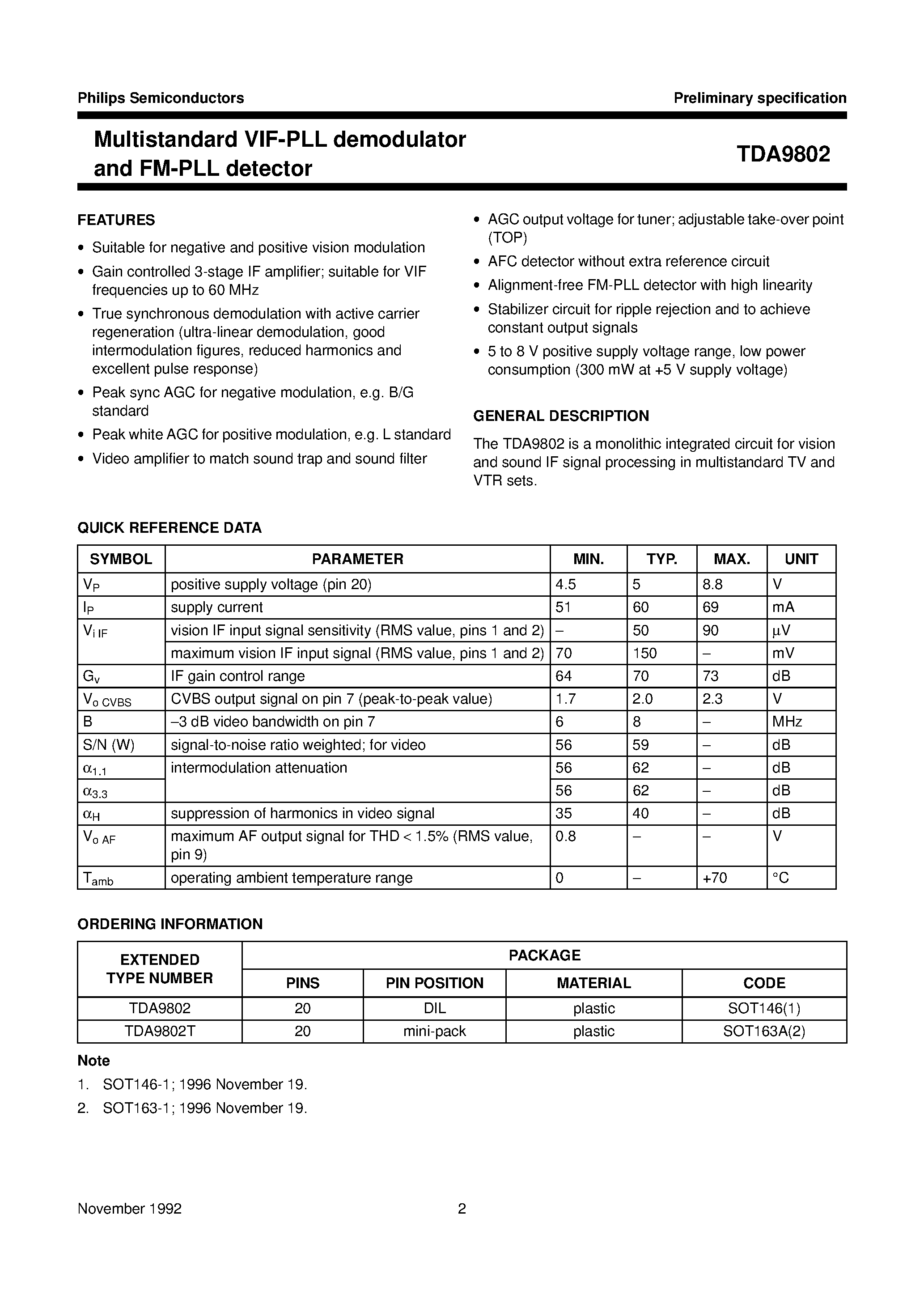 Даташит TDA9802 - Multistandard VIF-PLL demodulator and FM-PLL detector страница 2