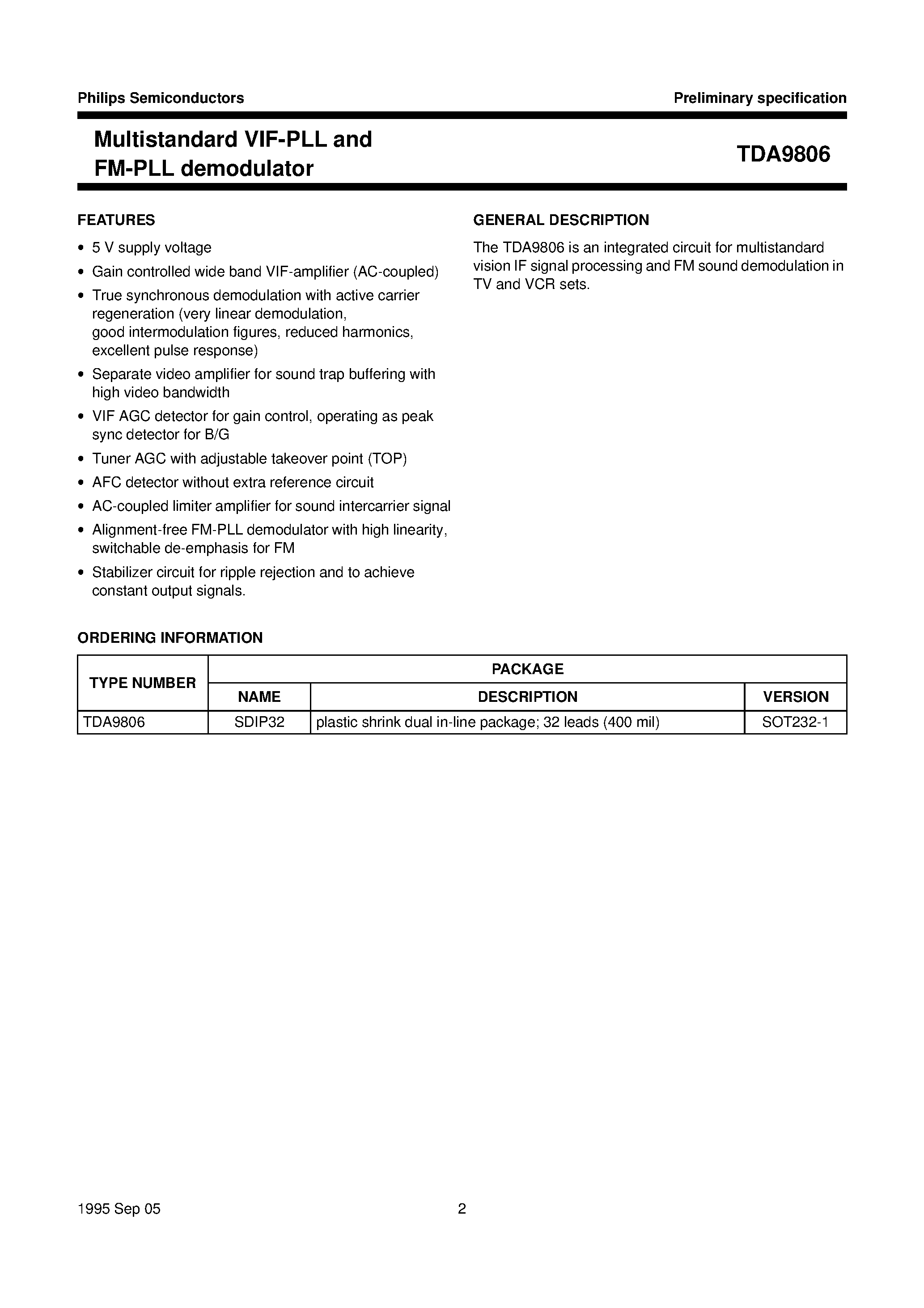 Даташит TDA9806 - Multistandard VIF-PLL and FM-PLL demodulator страница 2