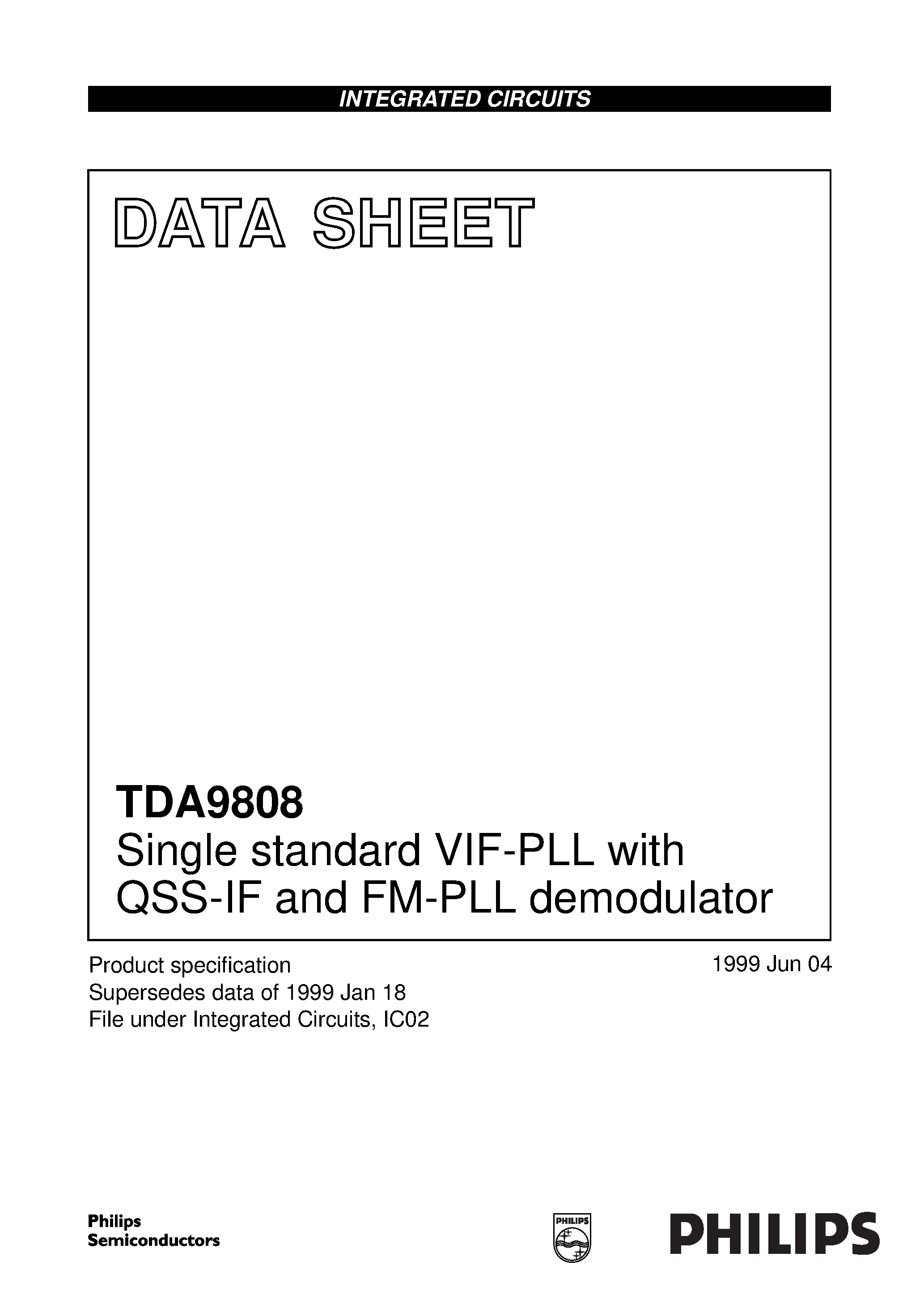 Даташит TDA9808 - Single standard VIF-PLL with QSS-IF and FM-PLL demodulator страница 1