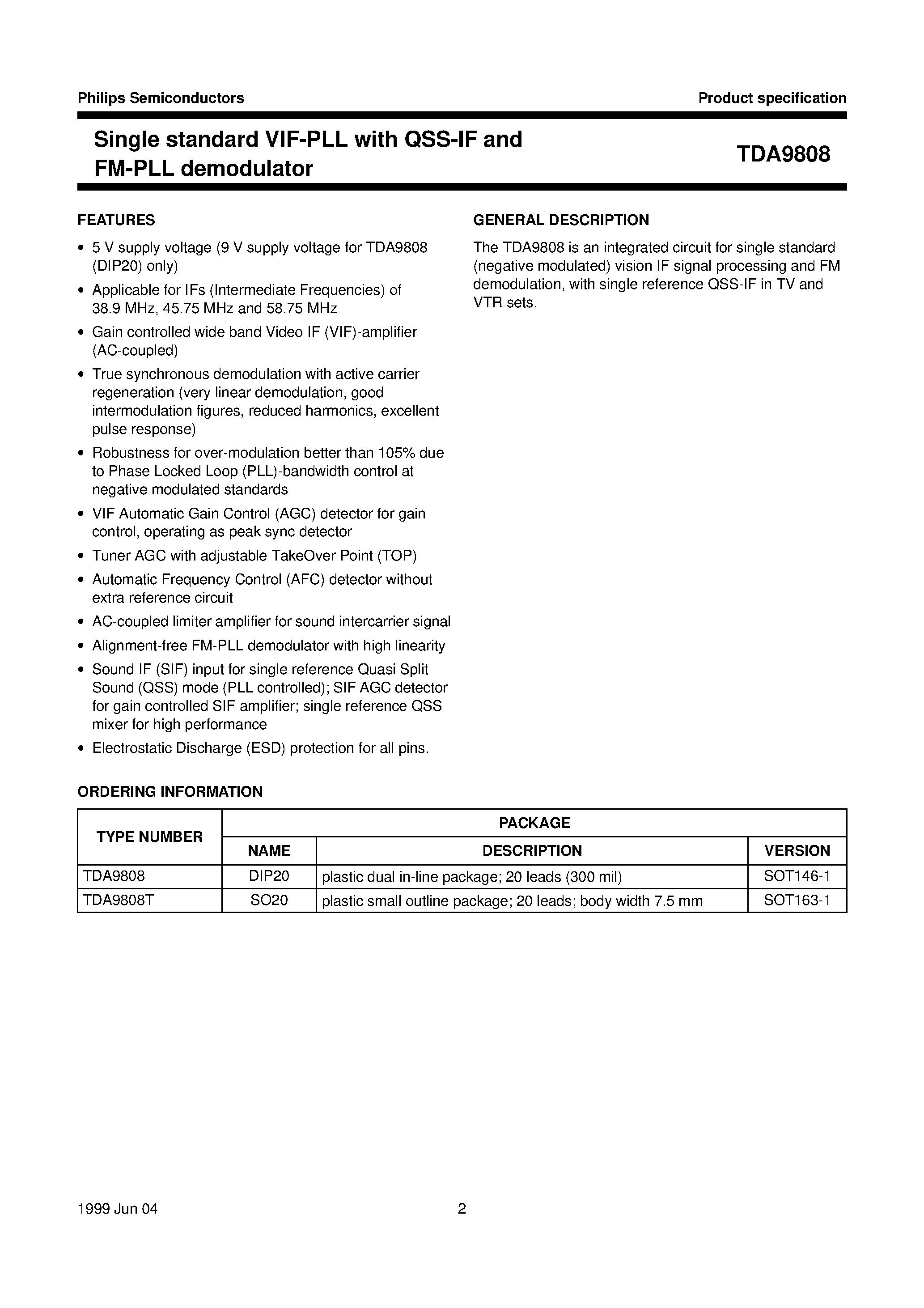 Даташит TDA9808 - Single standard VIF-PLL with QSS-IF and FM-PLL demodulator страница 2