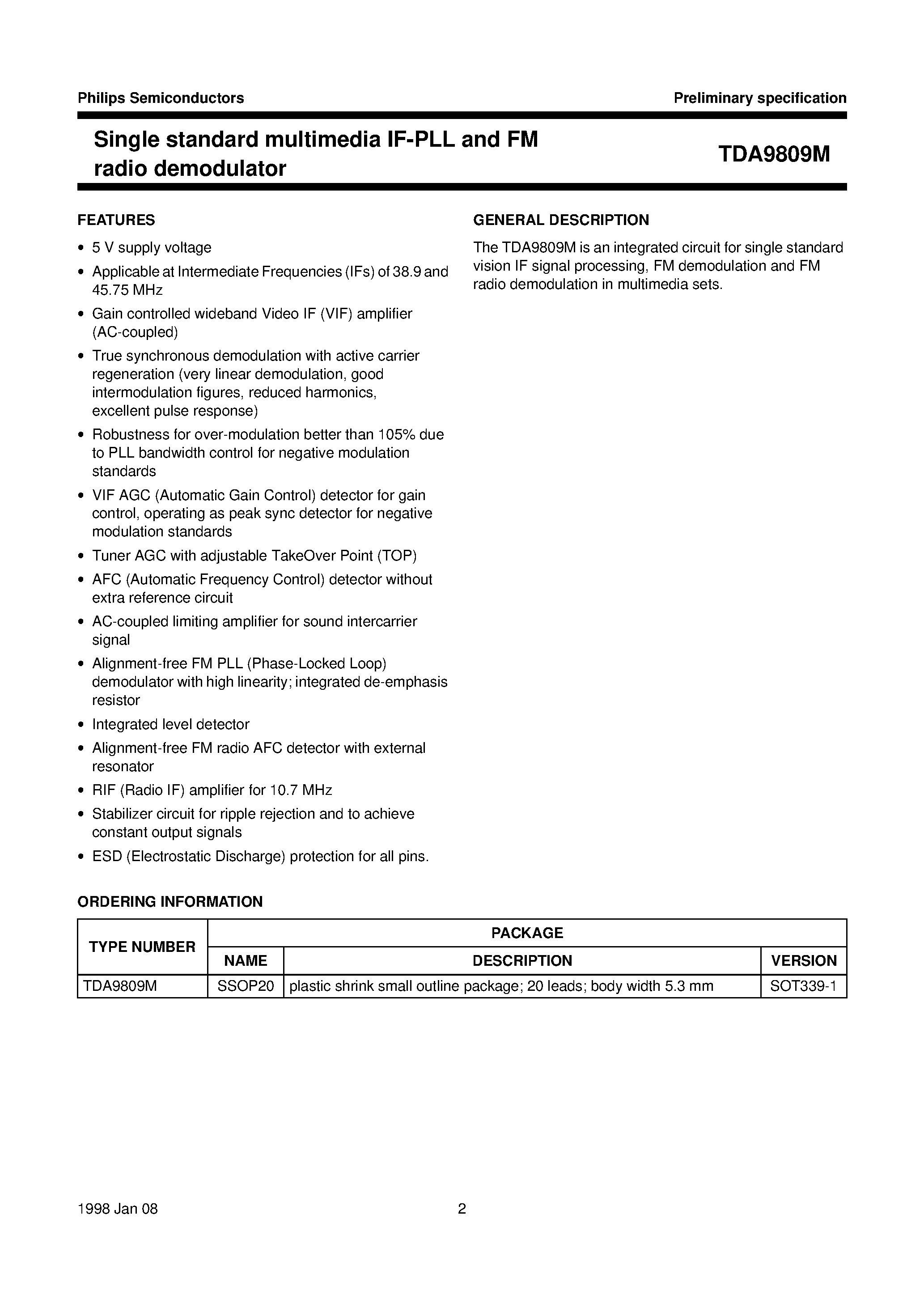 Даташит TDA9809 - Single standard multimedia IF-PLL and FM radio demodulator страница 2