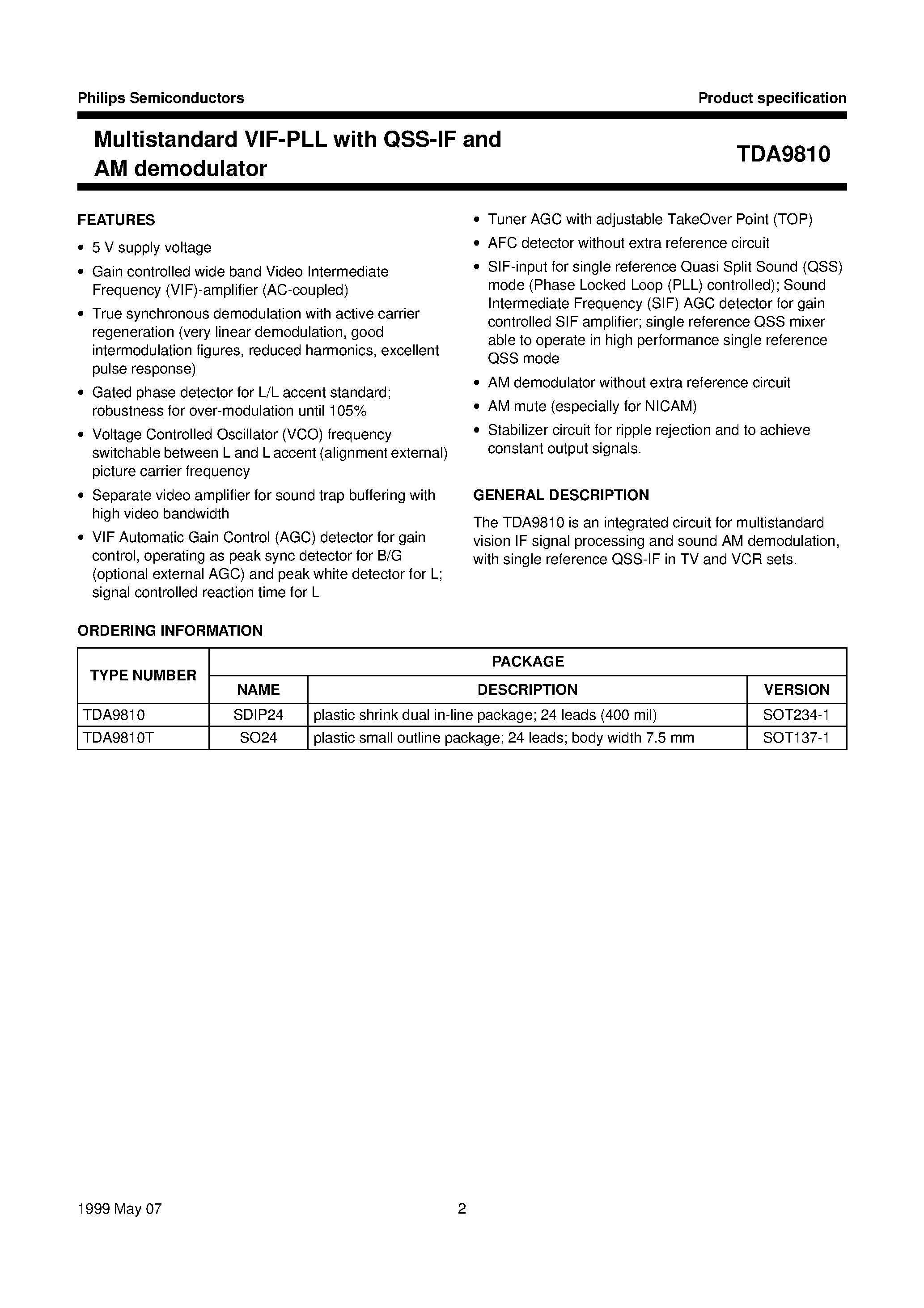 Даташит TDA9810T - Multistandard VIF-PLL with QSS-IF and AM demodulator страница 2